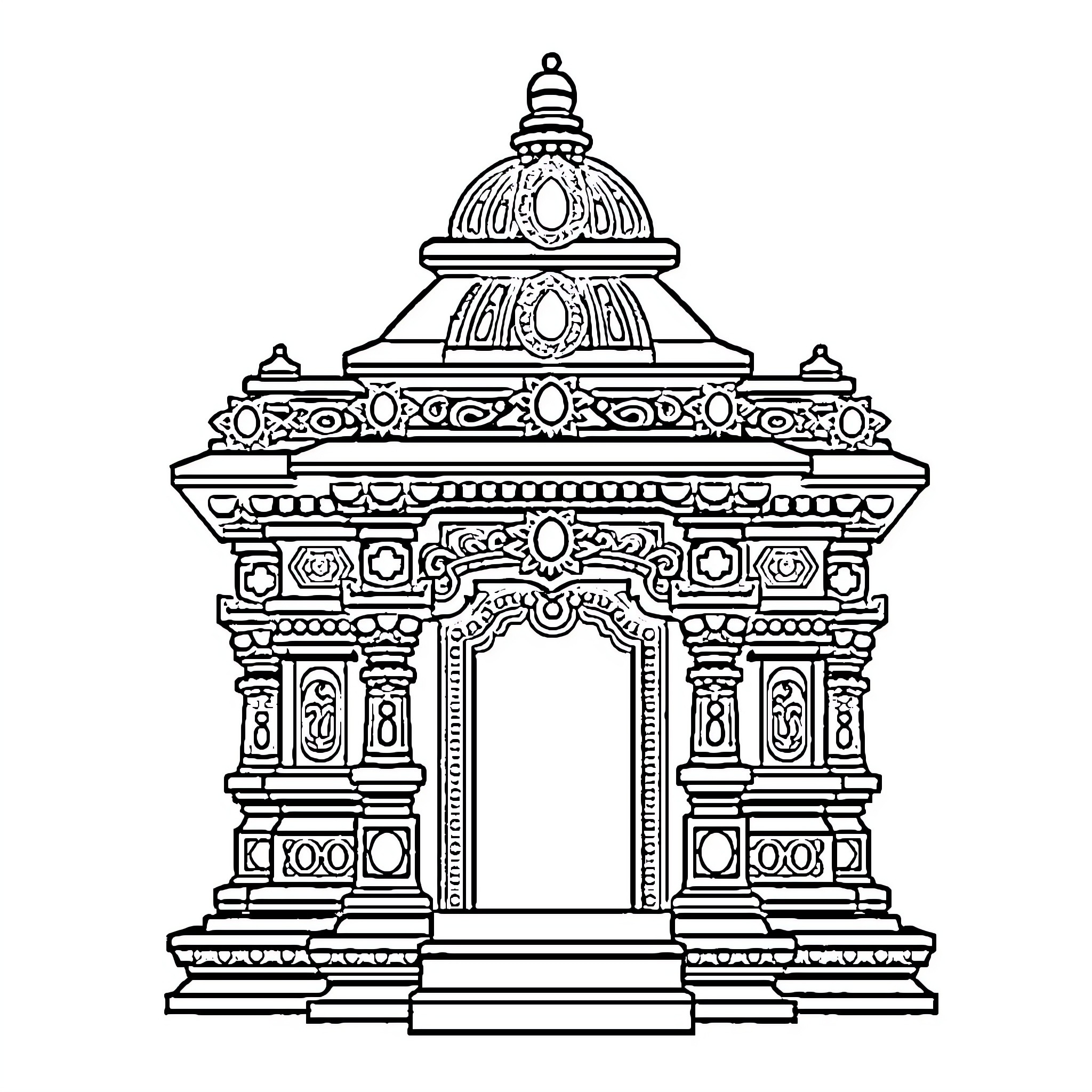 Temple of ornate architectural design Coloring Page (free black-and-white line drawing printable PDF for all, from beginners to advanced learners, including children, teens, adults, and seniors)