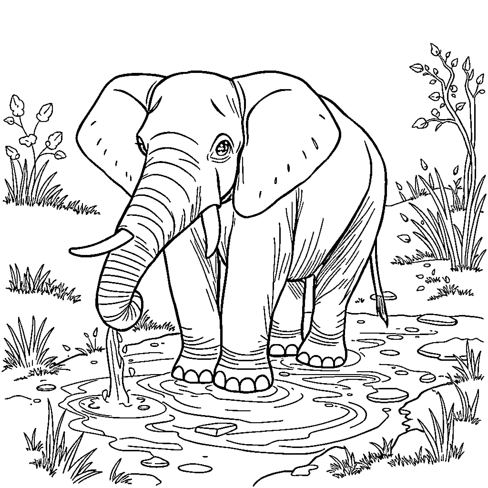 Elephant strolling through the lush vegetation Coloring Page (free black-and-white line drawing printable PDF for all, from beginners to advanced learners, including children, teens, adults, and seniors)