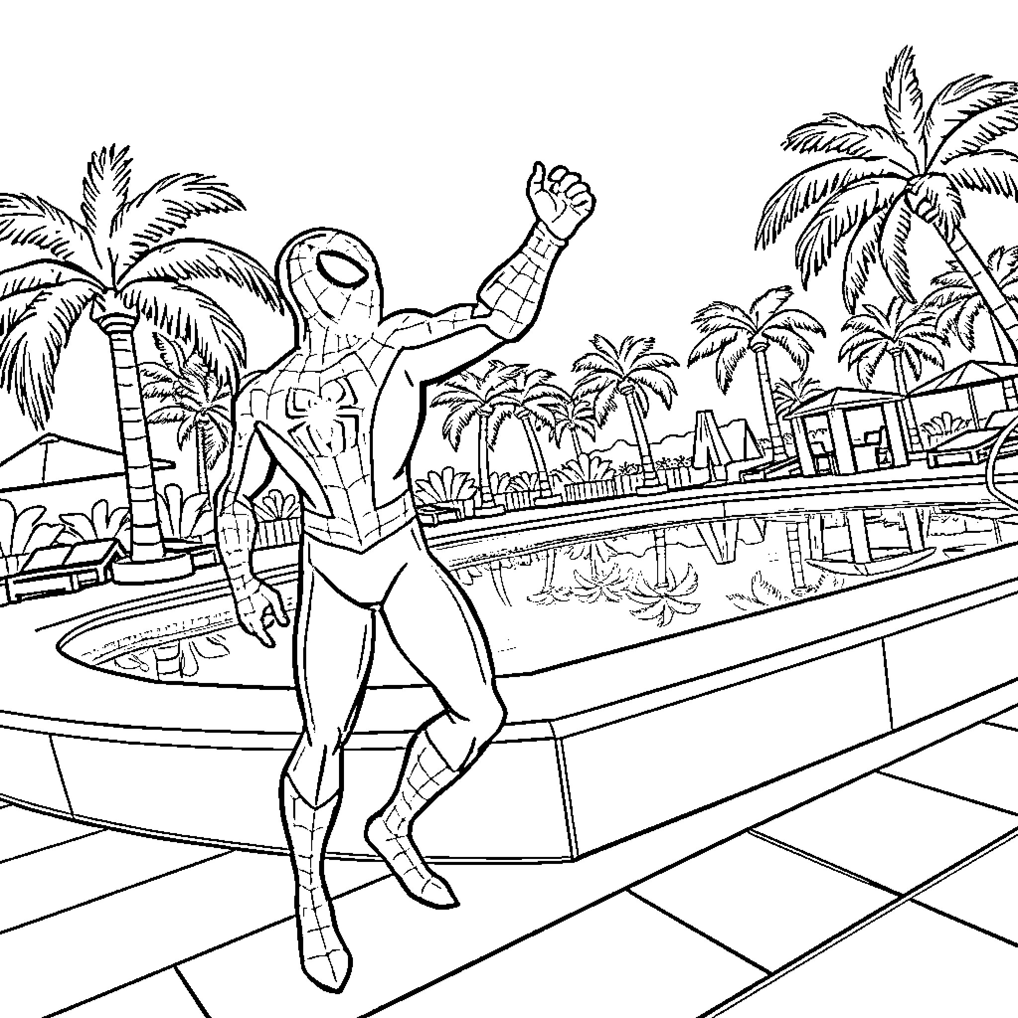 Spiderman swinging through a tropical beach scene Coloring Page (free black-and-white line drawing printable PDF for all, from beginners to advanced learners, including children, teens, adults, and seniors)
