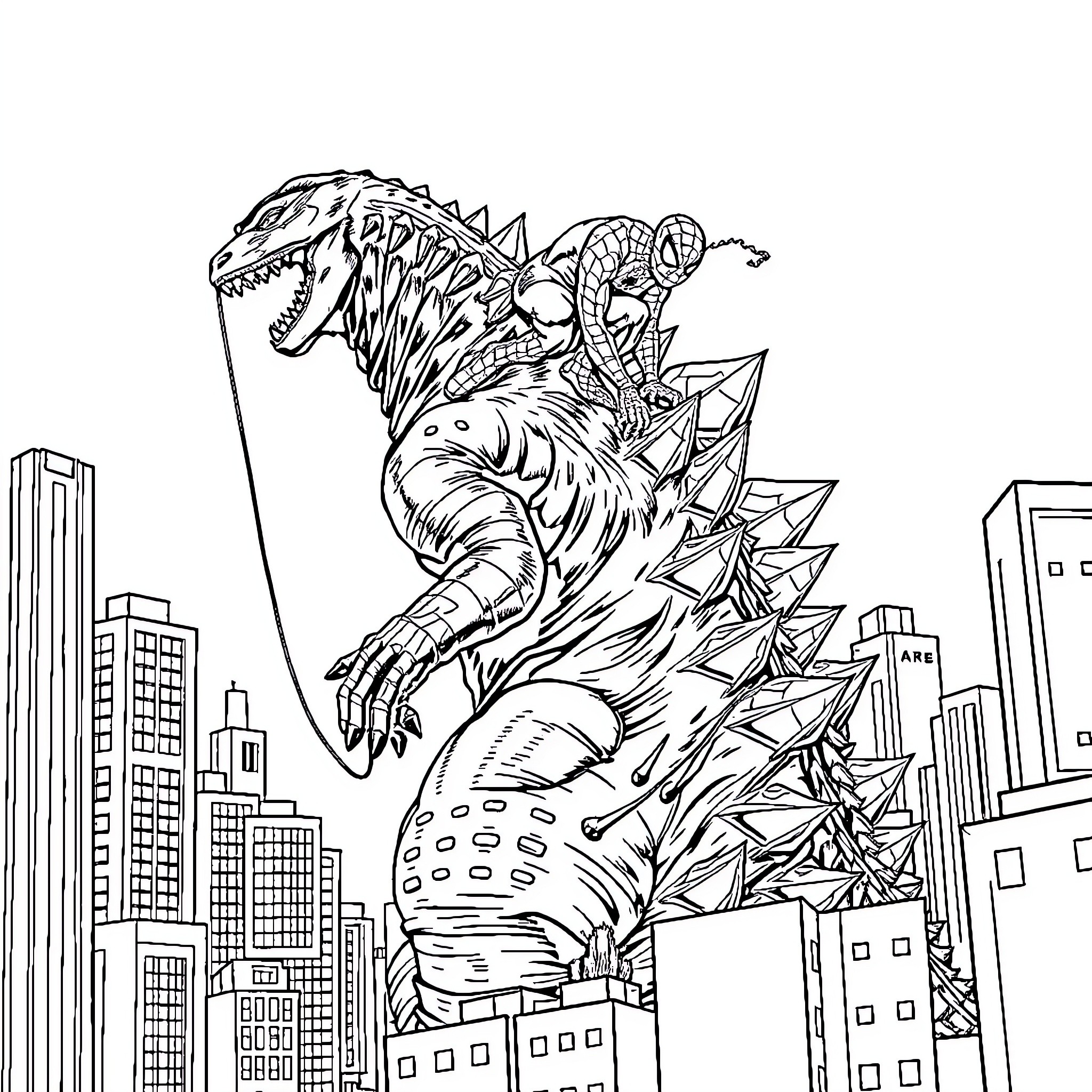 Spider-Man battles monstrous villain in the city Coloring Page (free black-and-white line drawing printable PDF for all, from beginners to advanced learners, including children, teens, adults, and seniors)