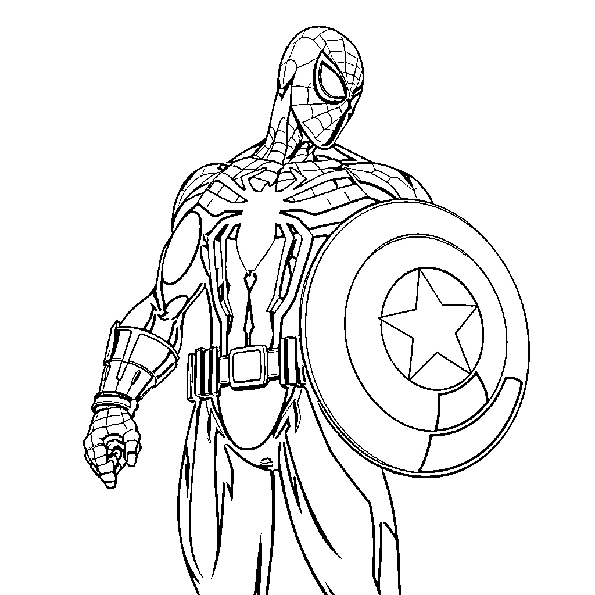 Spiderman with Captain America's shield Coloring Page (free black-and-white line drawing printable PDF for all, from beginners to advanced learners, including children, teens, adults, and seniors)