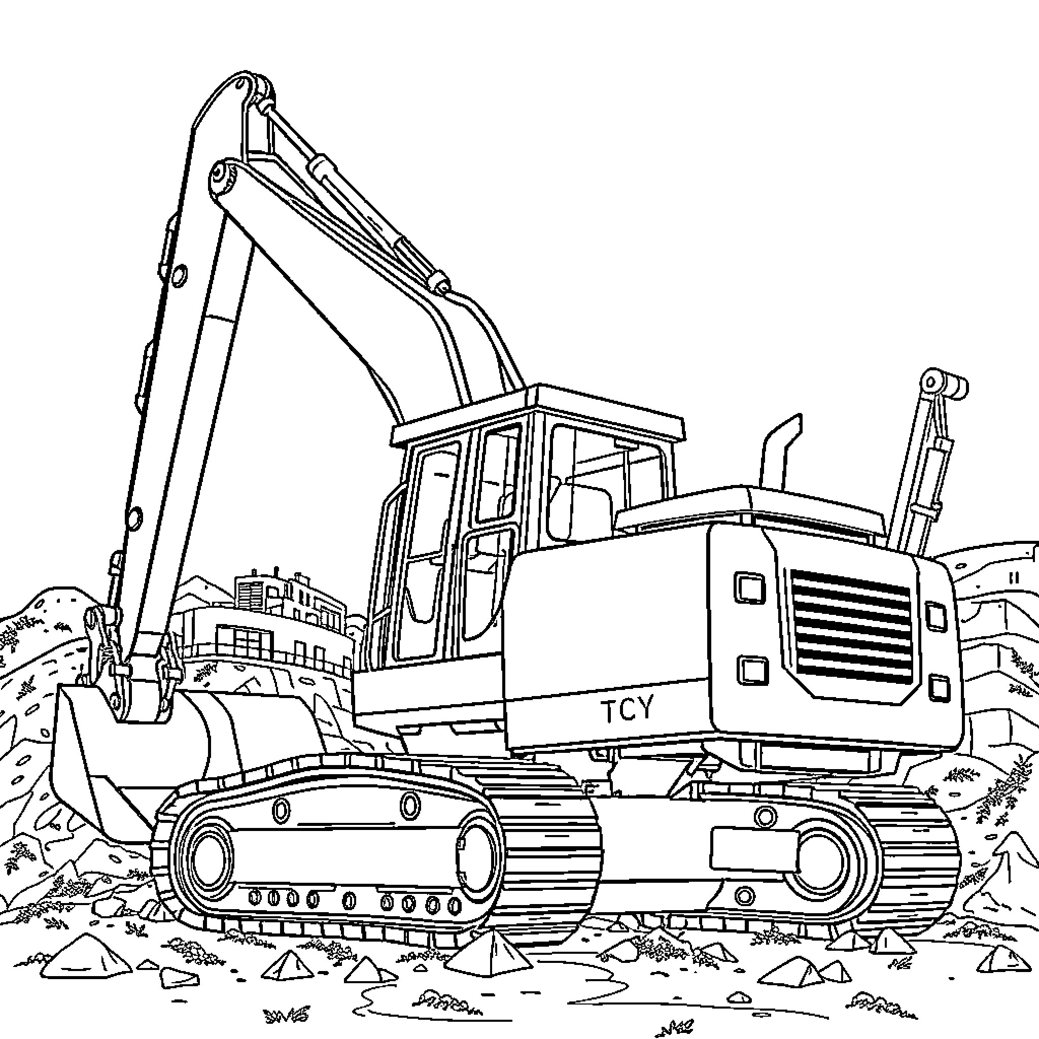 Excavator operating on construction site Coloring Page (free black-and-white line drawing printable PDF for all, from beginners to advanced learners, including children, teens, adults, and seniors)