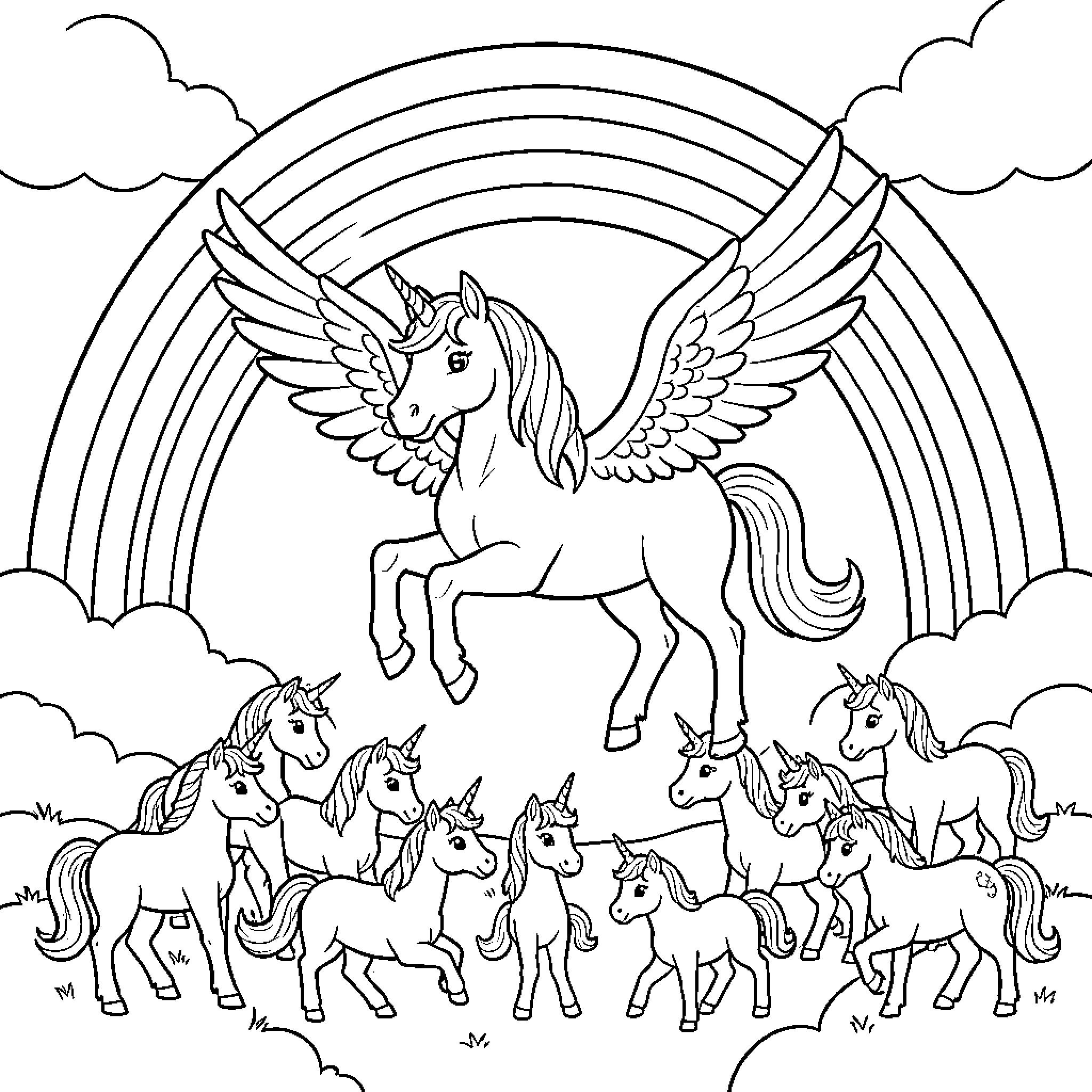 Unicorn flying joyfully above a group of foals Coloring Page (free black-and-white line drawing printable PDF for all, from beginners to advanced learners, including children, teens, adults, and seniors)