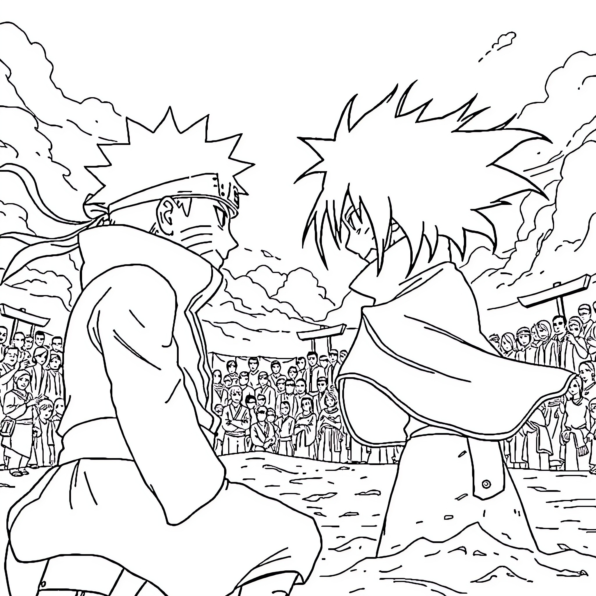 Naruto characters in intense battle scene Coloring Page (free black-and-white line drawing printable PDF for all, from beginners to advanced learners, including children, teens, adults, and seniors)