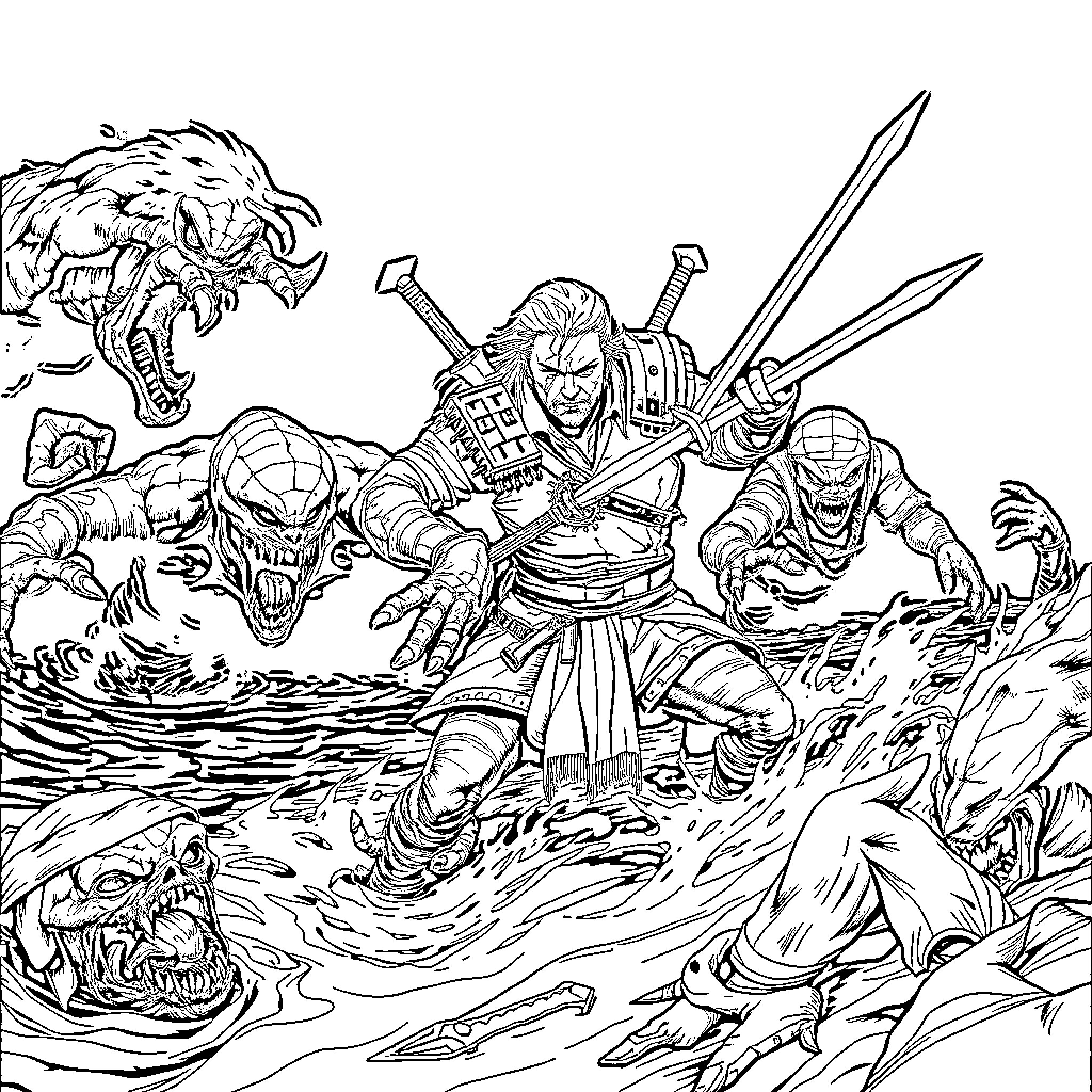 Geralt's Ferocious Battle Against Monstrous Foes Coloring Page (free black-and-white line drawing printable PDF for all, from beginners to advanced learners, including children, teens, adults, and seniors)