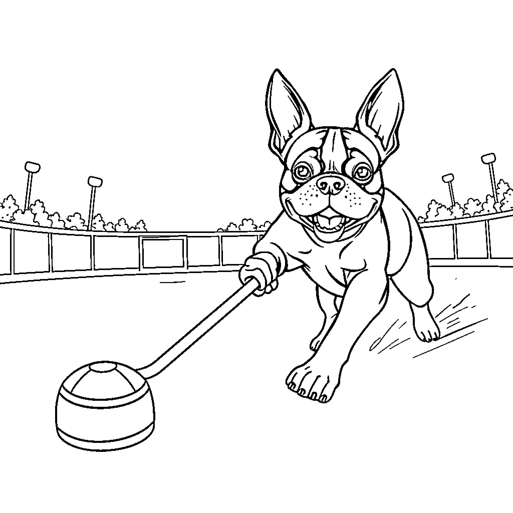 Boston Terrier playing fetch in the park Coloring Page (free black-and-white line drawing printable PDF for all, from beginners to advanced learners, including children, teens, adults, and seniors)