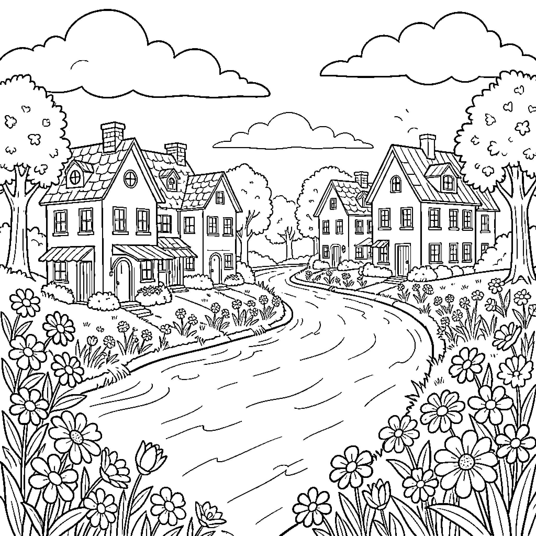 Village Scene with Houses and Flowers Coloring Page (free black-and-white line drawing printable PDF for all, from beginners to advanced learners, including children, teens, adults, and seniors)