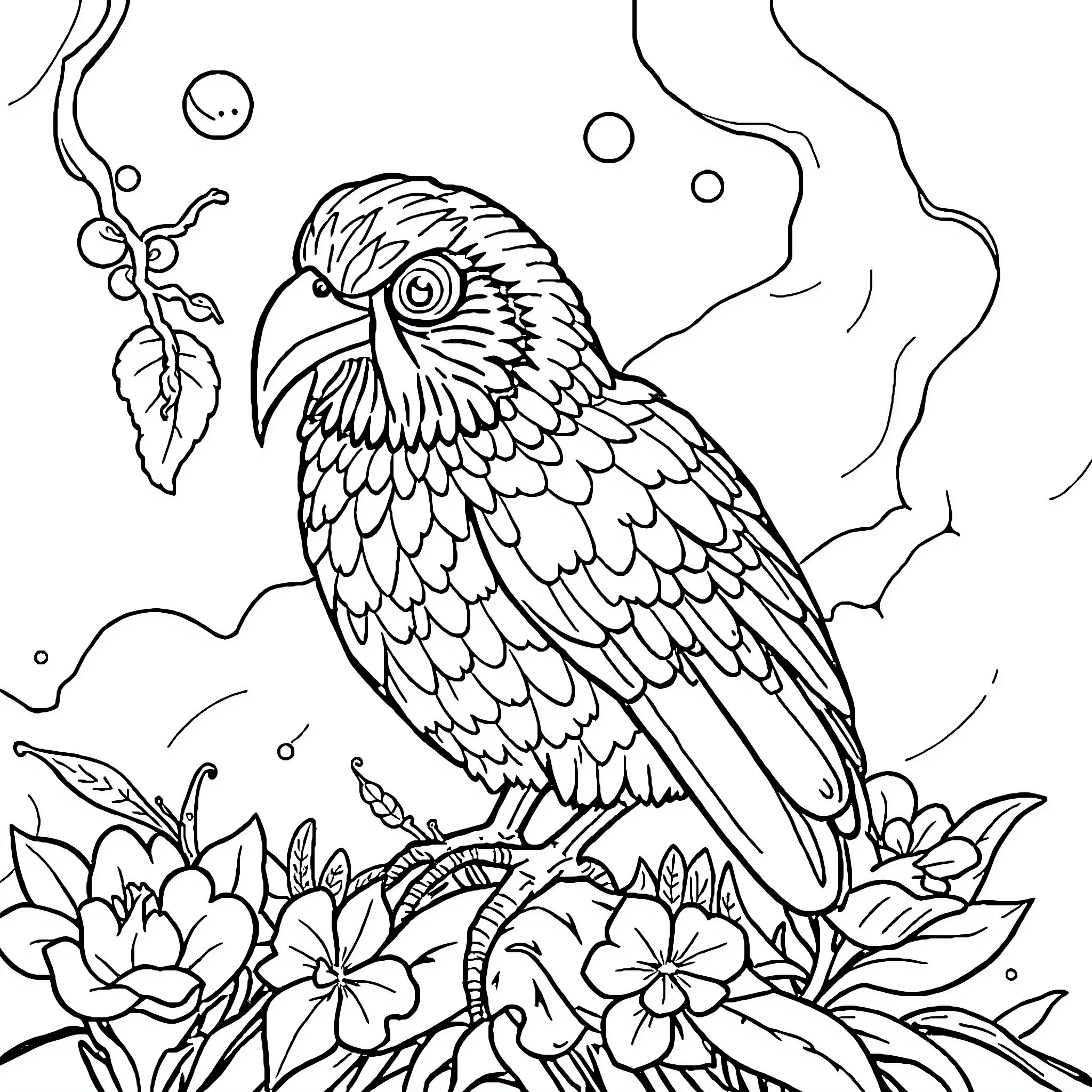 Labubu perched amidst flourishing flora Coloring Page (free black-and-white line drawing printable PDF for all, from beginners to advanced learners, including children, teens, adults, and seniors)