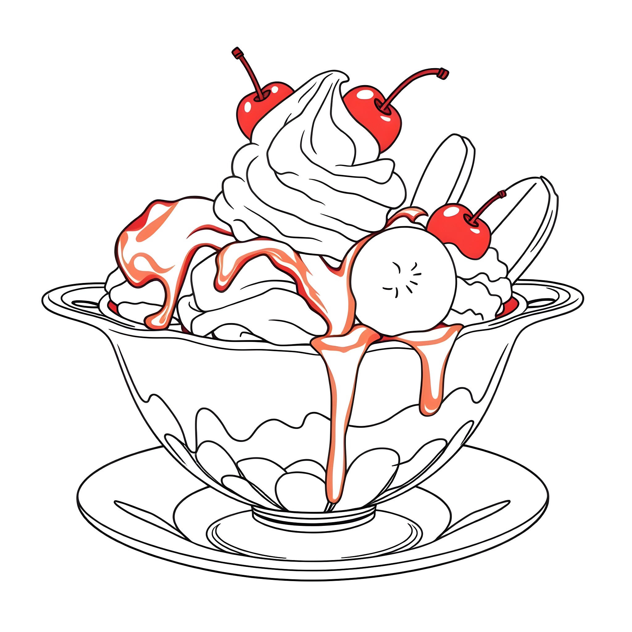 Banana Split with Cherries and Whipped Cream Coloring Page (free black-and-white line drawing printable PDF for all, from beginners to advanced learners, including children, teens, adults, and seniors)