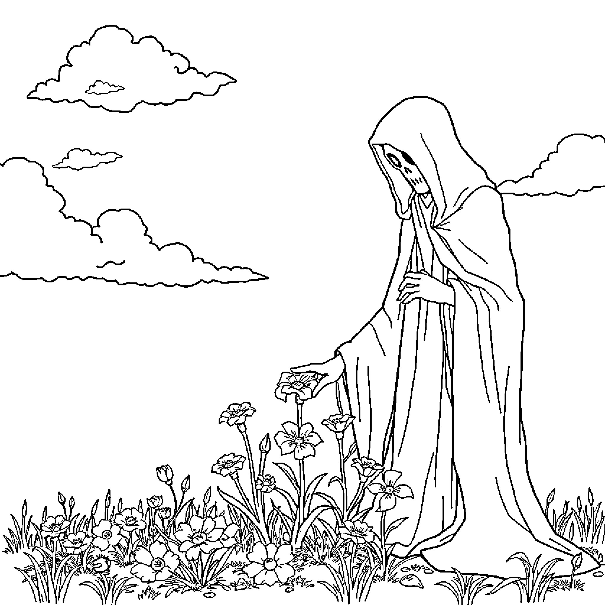 Death's Solitary Vigil in the Floral Meadow Coloring Page (free black-and-white line drawing printable PDF for all, from beginners to advanced learners, including children, teens, adults, and seniors)