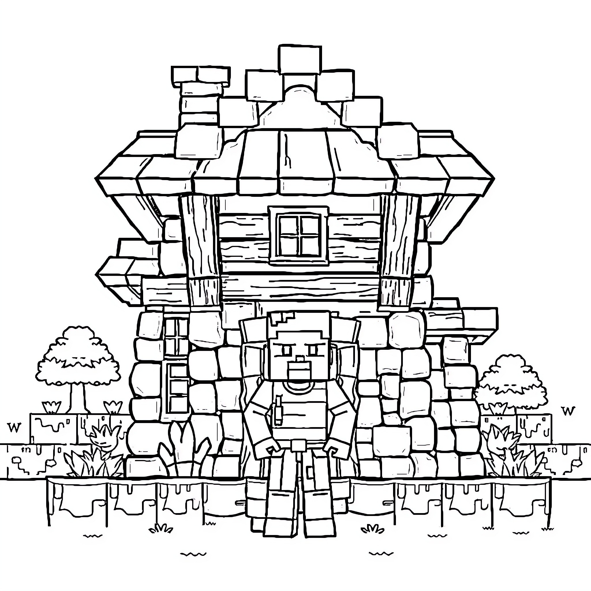 Steve's Whimsical Cottage Adventure Coloring Page (free black-and-white line drawing printable PDF for all, from beginners to advanced learners, including children, teens, adults, and seniors)