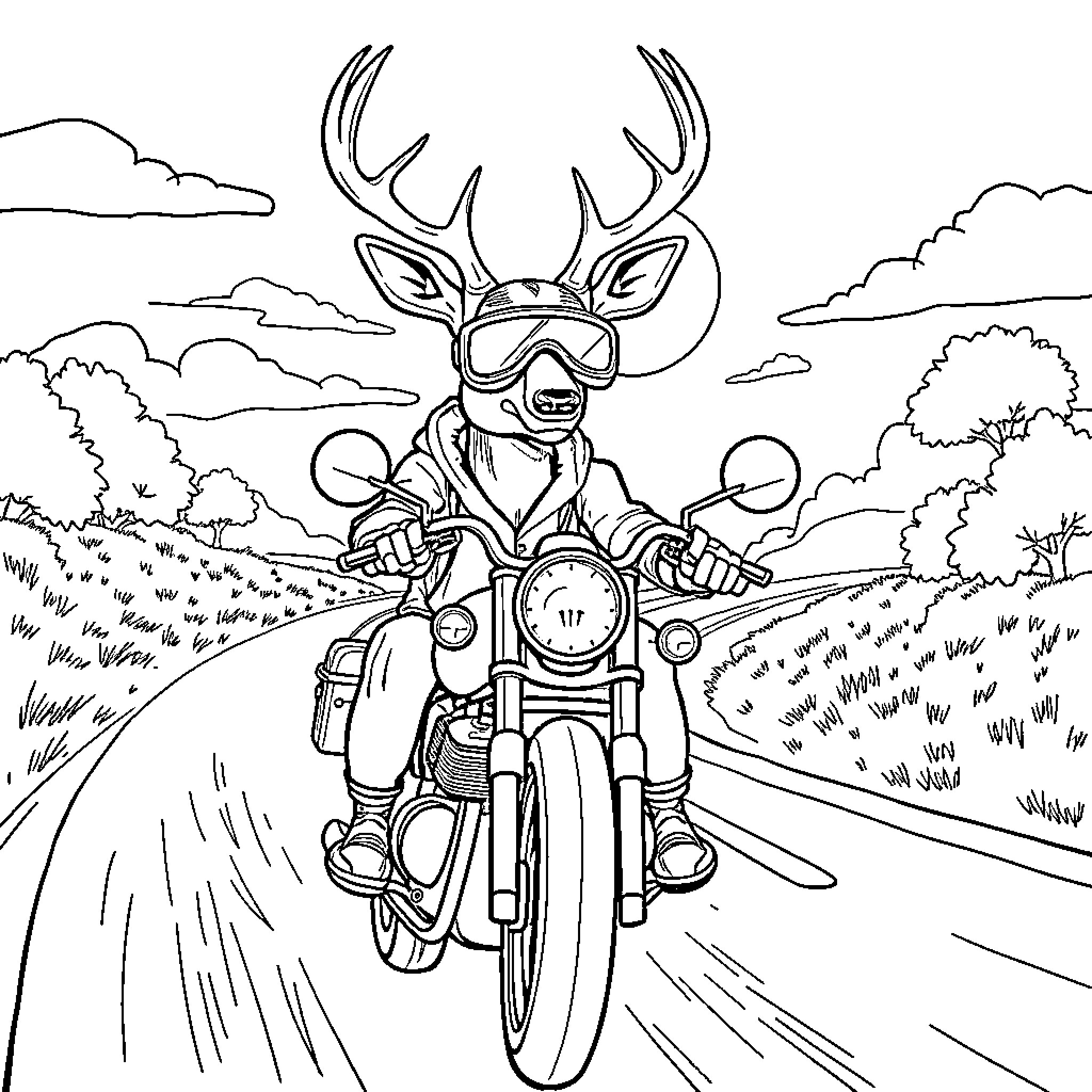 Deer riding a motorcycle on a country road Coloring Page (free black-and-white line drawing printable PDF for all, from beginners to advanced learners, including children, teens, adults, and seniors)