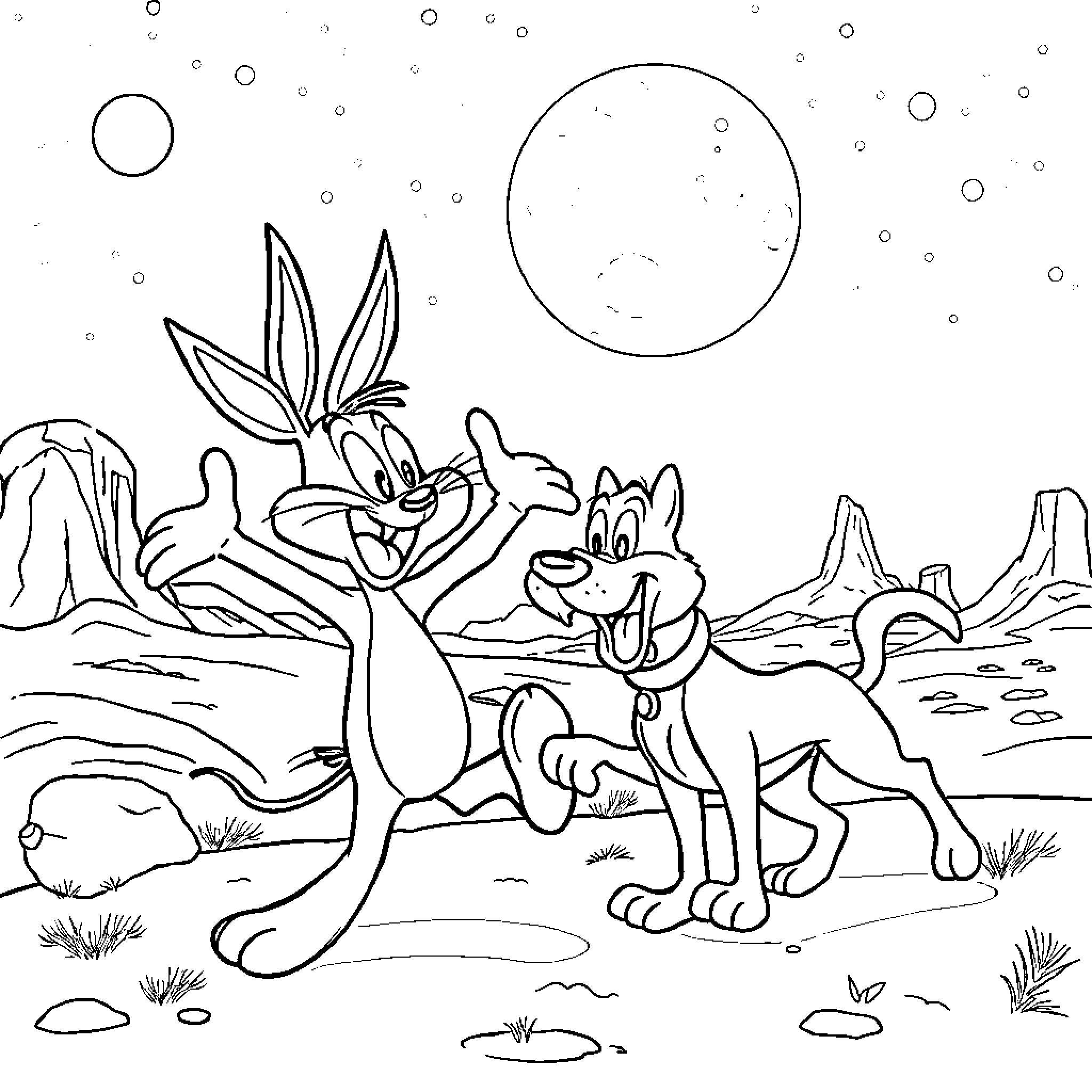 Marvin and Wile E. Coyote's Deserted Adventure Coloring Page (free black-and-white line drawing printable PDF for all, from beginners to advanced learners, including children, teens, adults, and seniors)