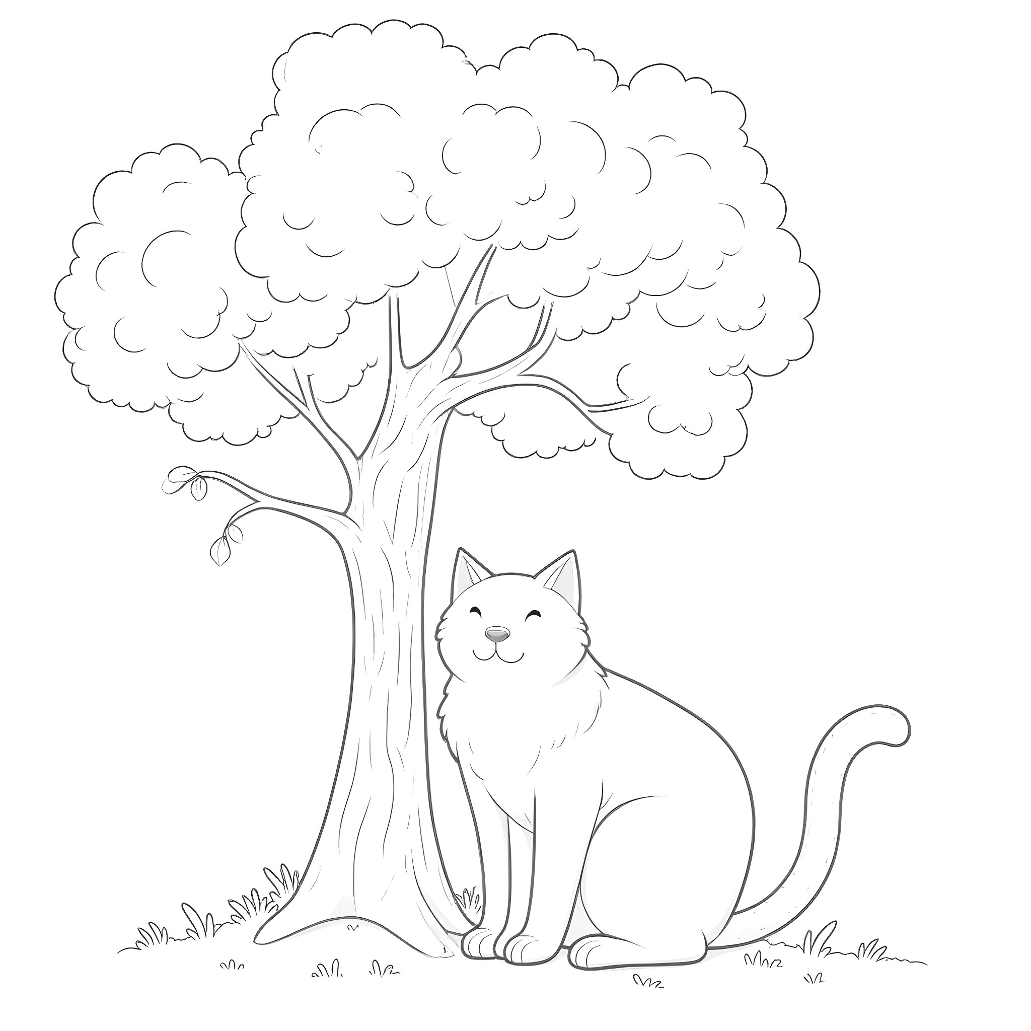 Were Cat Resting Peacefully Under the Tree Coloring Page (free black-and-white line drawing printable PDF for all, from beginners to advanced learners, including children, teens, adults, and seniors)