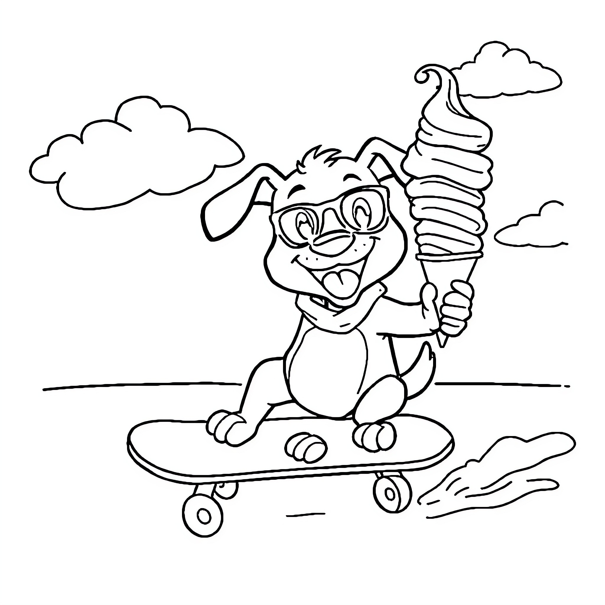 Dog riding skateboard with ice cream cone Coloring Page (free black-and-white line drawing printable PDF for all, from beginners to advanced learners, including children, teens, adults, and seniors)