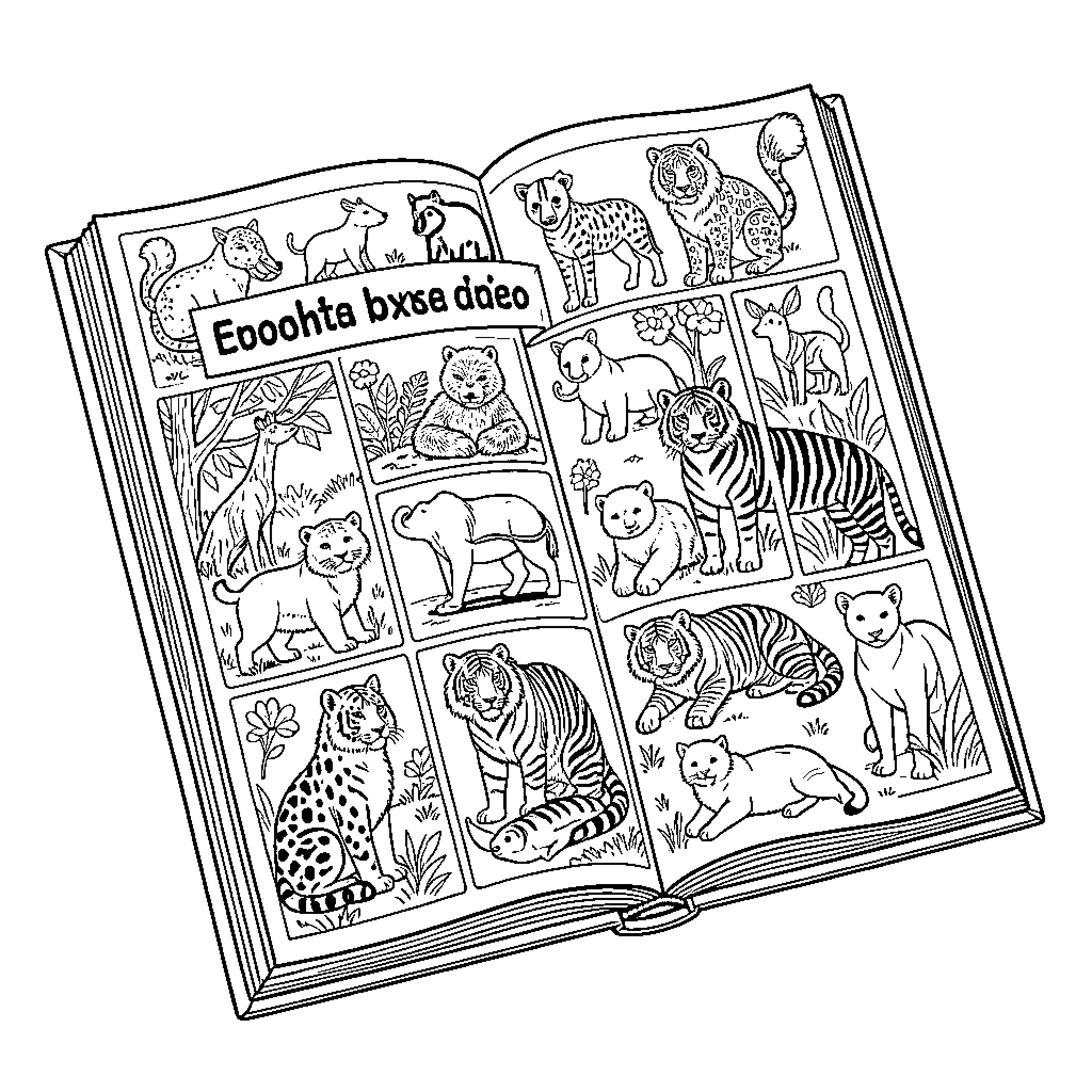 Animal-themed storybook with various wild animals Coloring Page (free black-and-white line drawing printable PDF for all, from beginners to advanced learners, including children, teens, adults, and seniors)