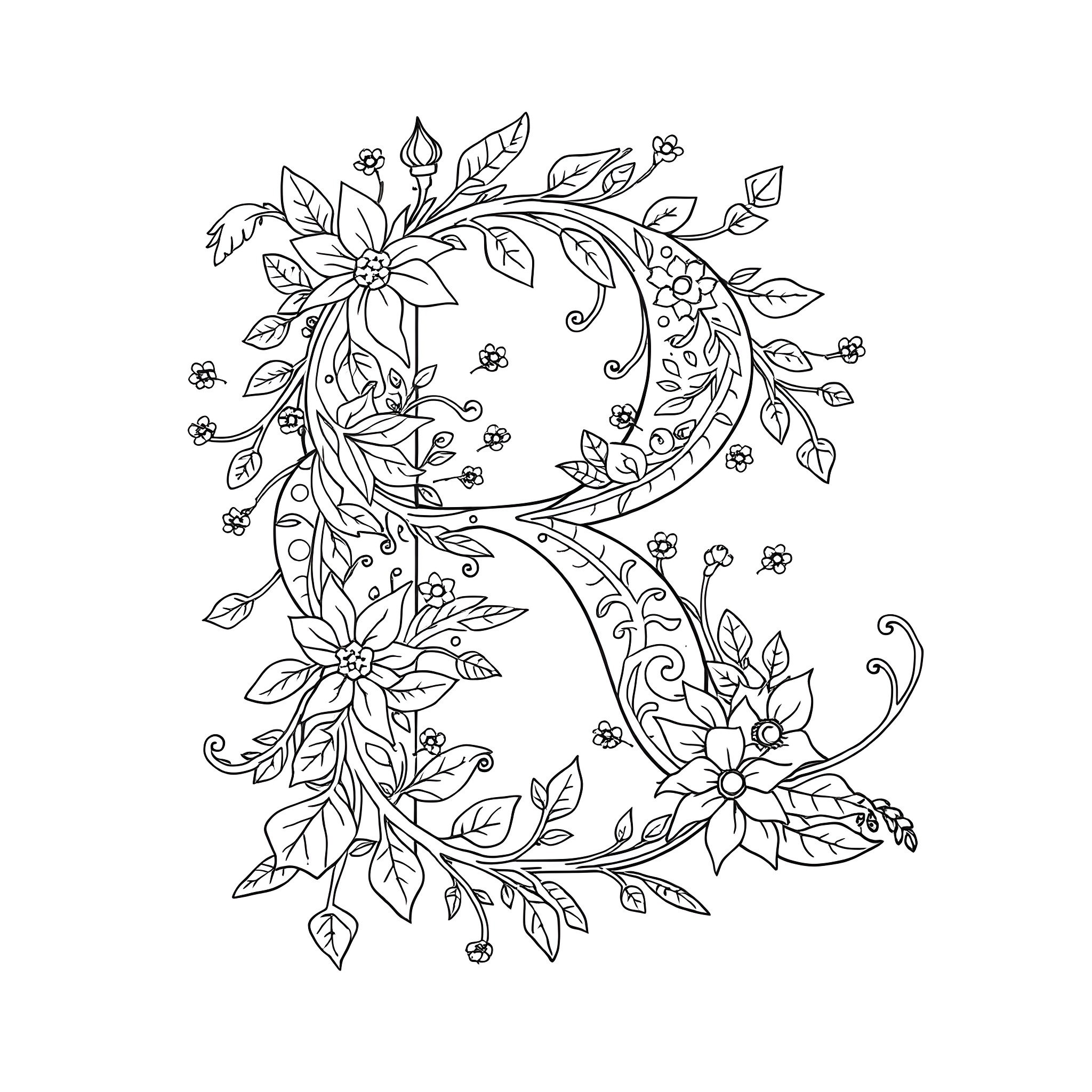 Romantic Floral Wreath with Flourishes Coloring Page (free black-and-white line drawing printable PDF for all, from beginners to advanced learners, including children, teens, adults, and seniors)
