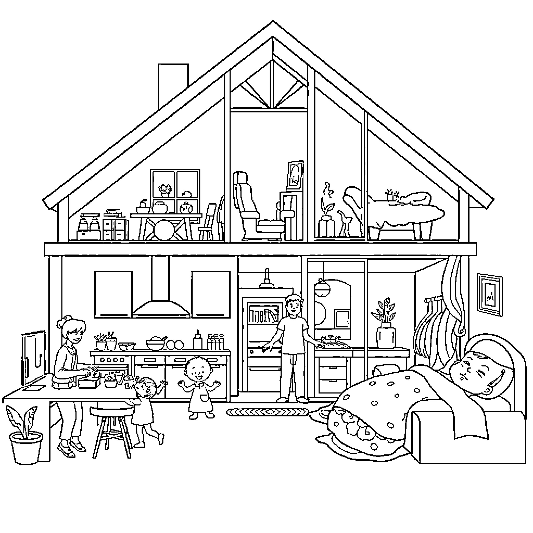 House with family members in different rooms Coloring Page (free black-and-white line drawing printable PDF for all, from beginners to advanced learners, including children, teens, adults, and seniors)