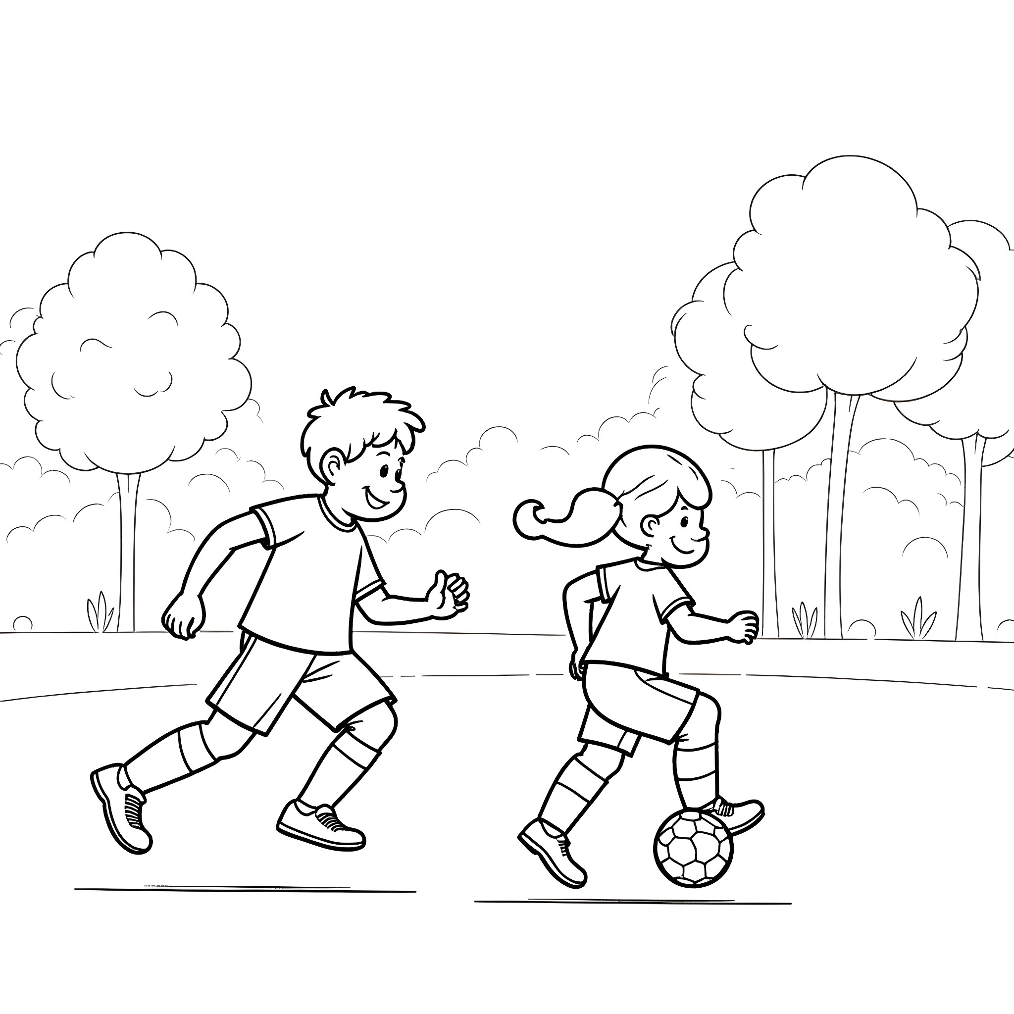 Bluey and Bingo playing happily in the park Coloring Page (free black-and-white line drawing printable PDF for all, from beginners to advanced learners, including children, teens, adults, and seniors)