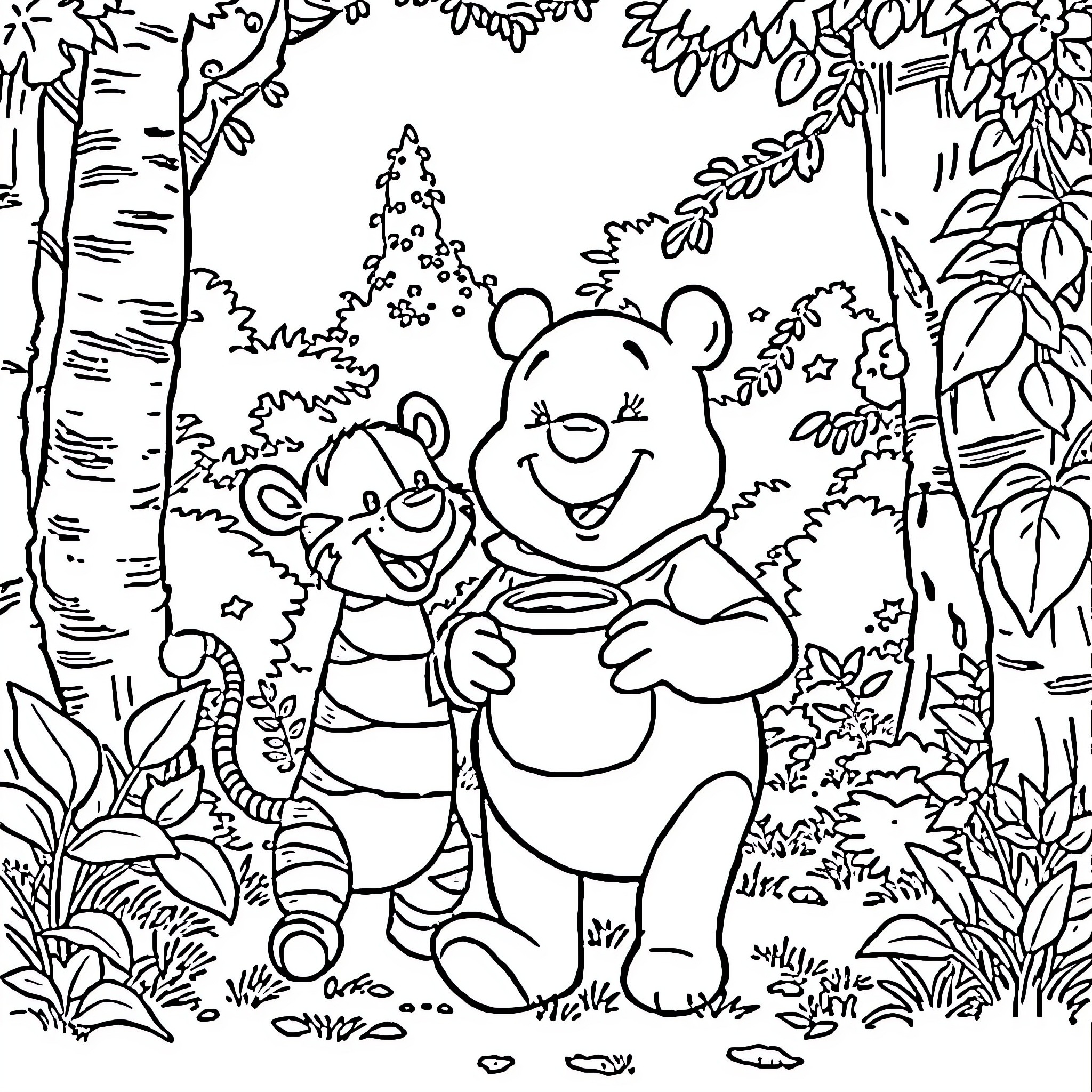 Winnie and friends explore the enchanted forest Coloring Page (free black-and-white line drawing printable PDF for all, from beginners to advanced learners, including children, teens, adults, and seniors)