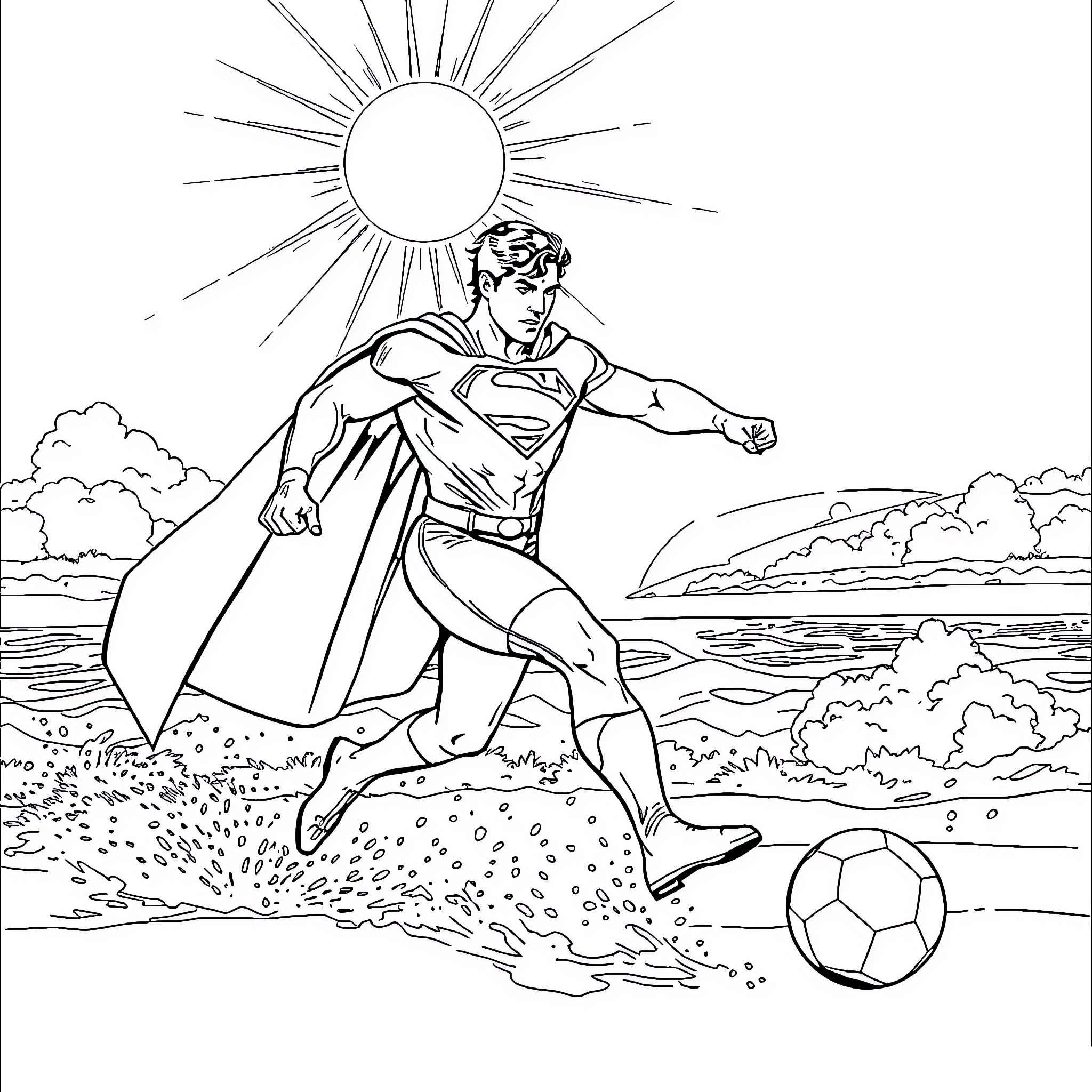 Superman playing soccer in a sunny landscape Coloring Page (free black-and-white line drawing printable PDF for all, from beginners to advanced learners, including children, teens, adults, and seniors)