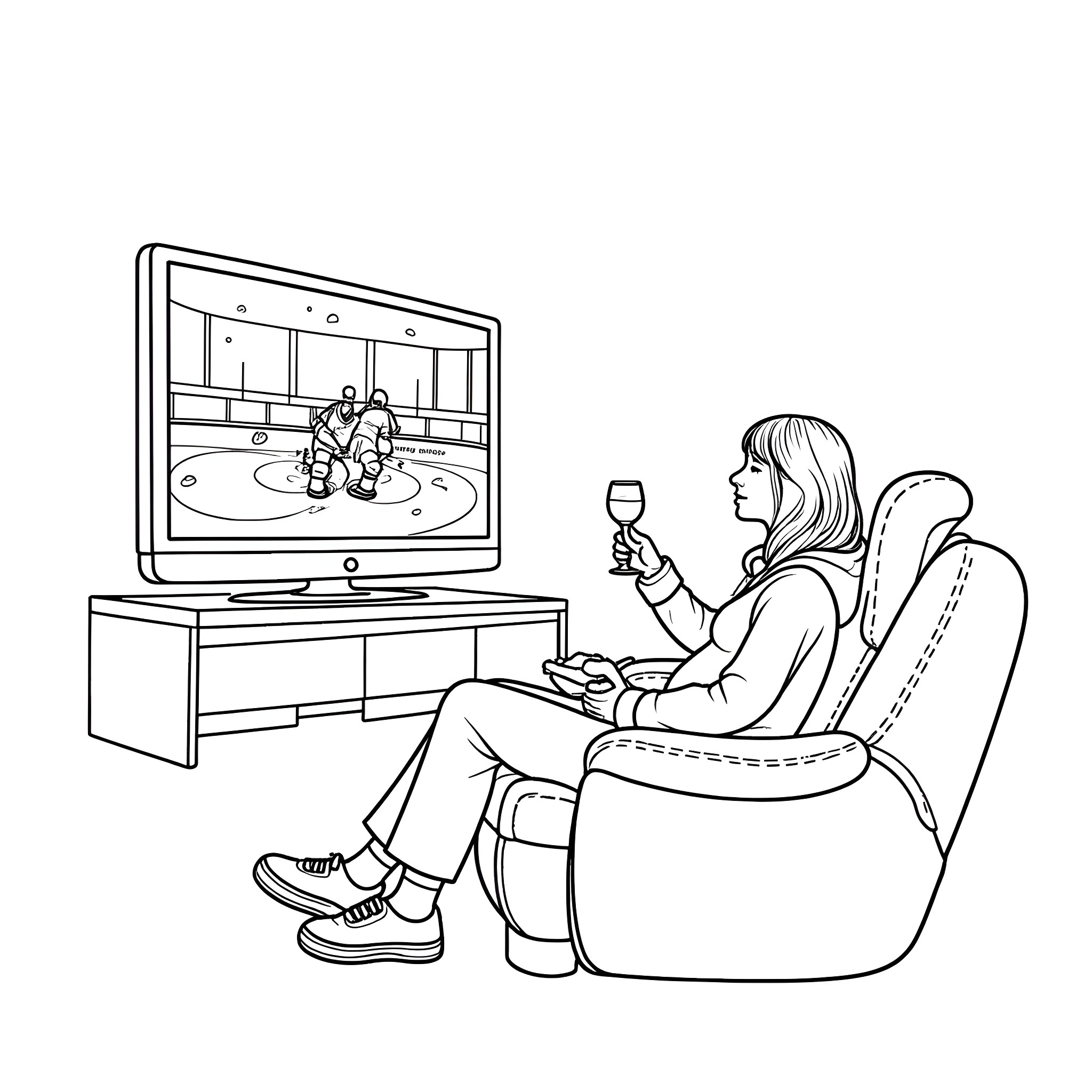 Mother enjoying movie night on the couch Coloring Page (free black-and-white line drawing printable PDF for all, from beginners to advanced learners, including children, teens, adults, and seniors)