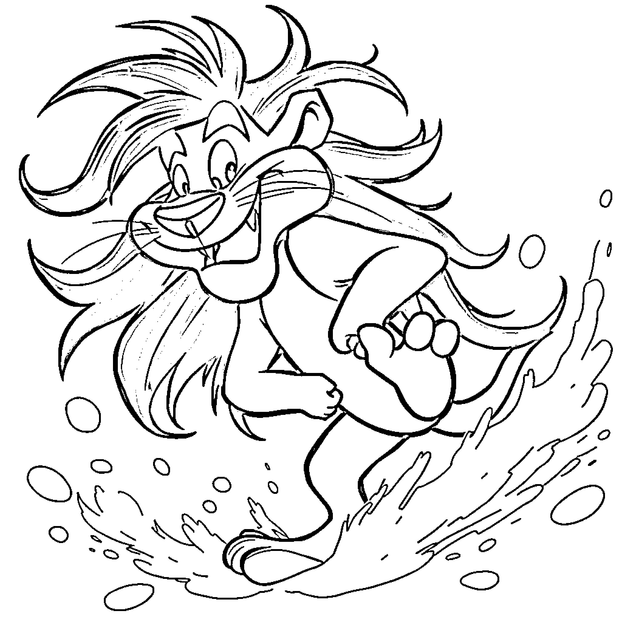 Taz playfully splashing in the water Coloring Page (free black-and-white line drawing printable PDF for all, from beginners to advanced learners, including children, teens, adults, and seniors)