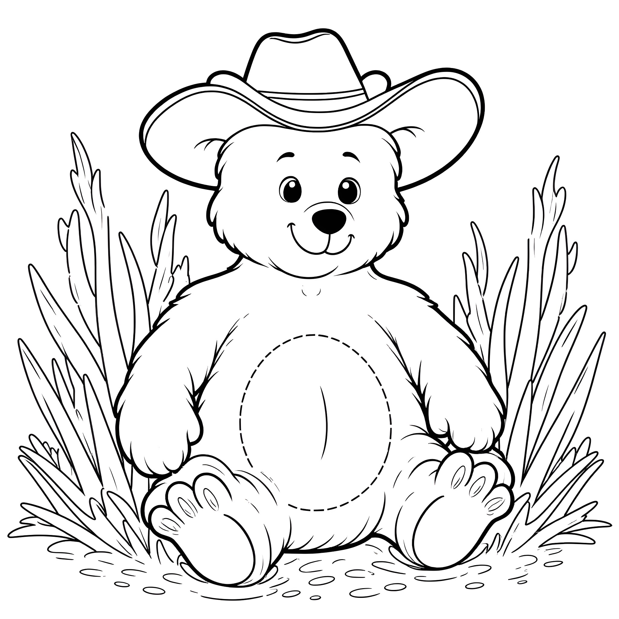 Bear wearing a cowboy hat in a field Coloring Page (free black-and-white line drawing printable PDF for all, from beginners to advanced learners, including children, teens, adults, and seniors)