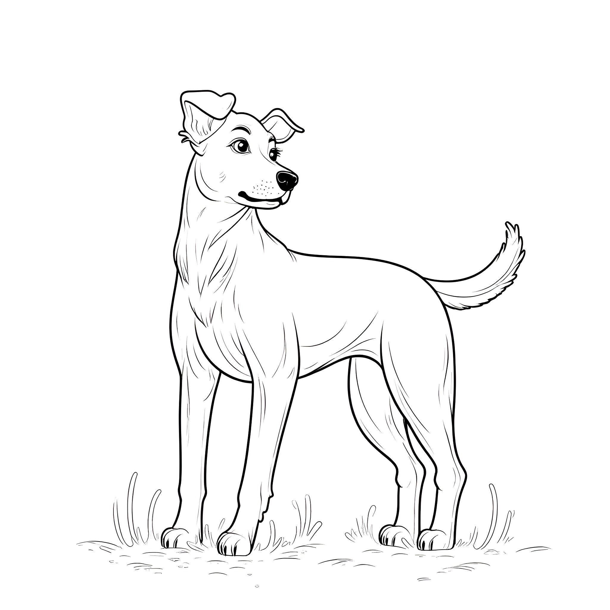 Dog standing alert in the field Coloring Page (free black-and-white line drawing printable PDF for all, from beginners to advanced learners, including children, teens, adults, and seniors)
