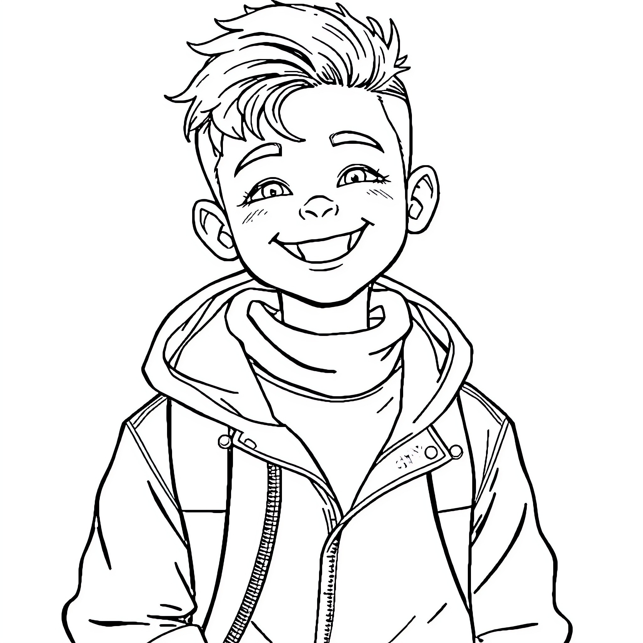 Boy's joyful expression in casual outfit Coloring Page (free black-and-white line drawing printable PDF for all, from beginners to advanced learners, including children, teens, adults, and seniors)