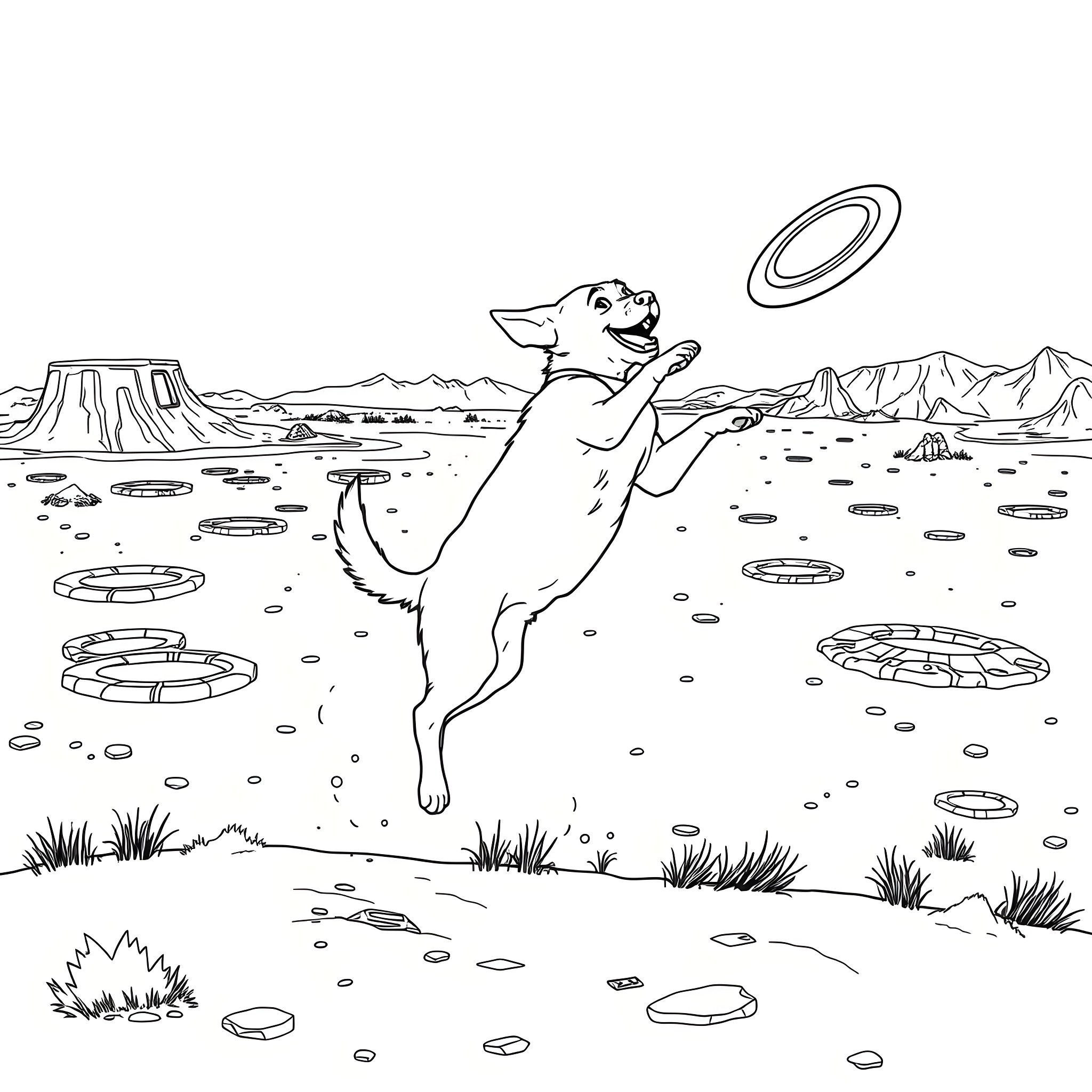 Dog jumping to catch Frisbee in desert landscape Coloring Page (free black-and-white line drawing printable PDF for all, from beginners to advanced learners, including children, teens, adults, and seniors)