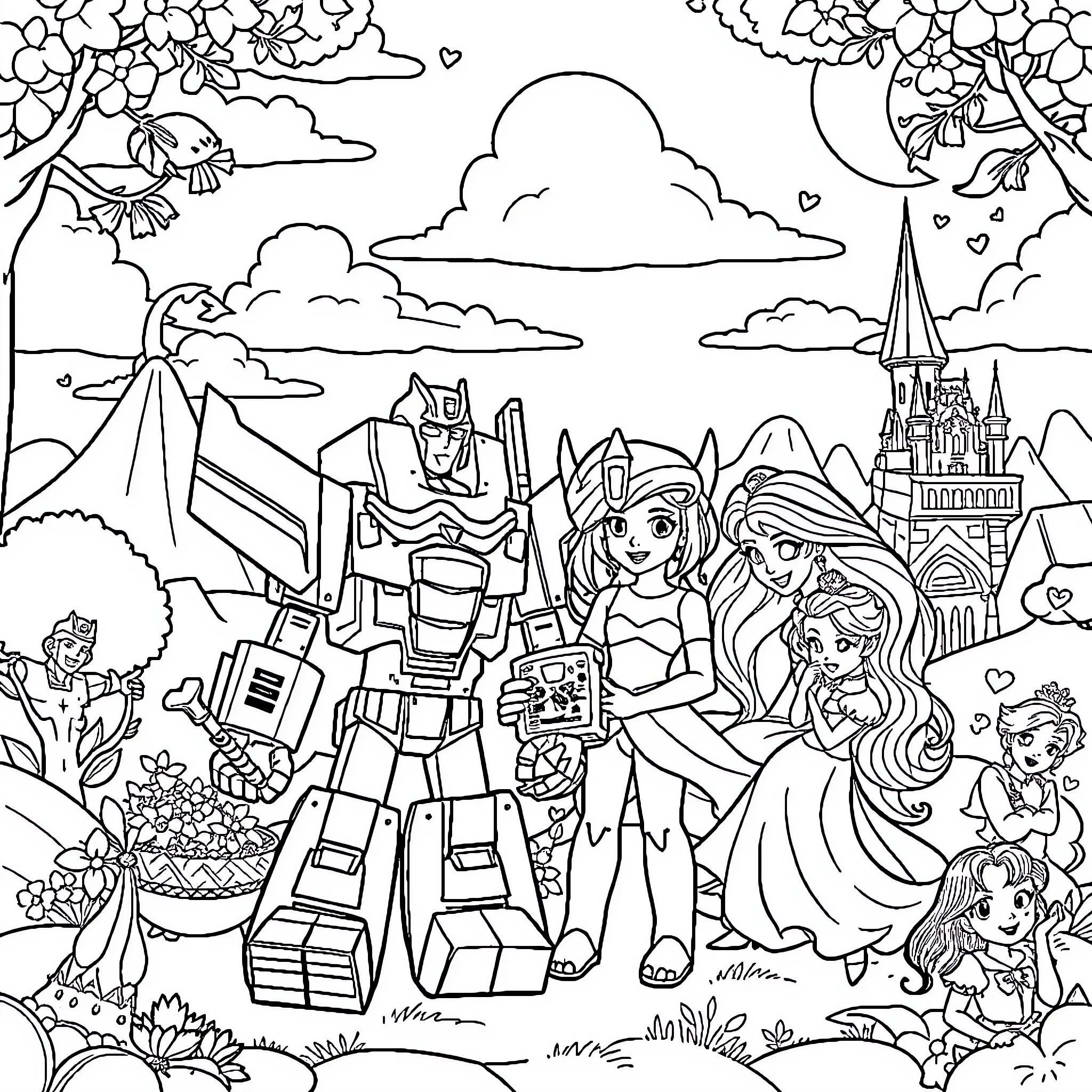 Transformer fantasy characters in enchanted landscape Coloring Page (free black-and-white line drawing printable PDF for all, from beginners to advanced learners, including children, teens, adults, and seniors)
