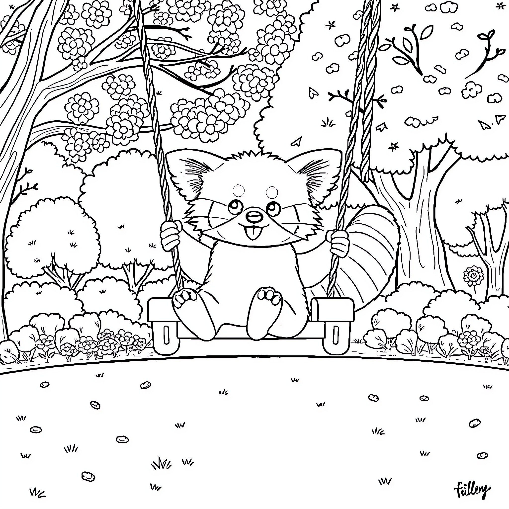 Panda enjoying swing in the forest Coloring Page (free black-and-white line drawing printable PDF for all, from beginners to advanced learners, including children, teens, adults, and seniors)