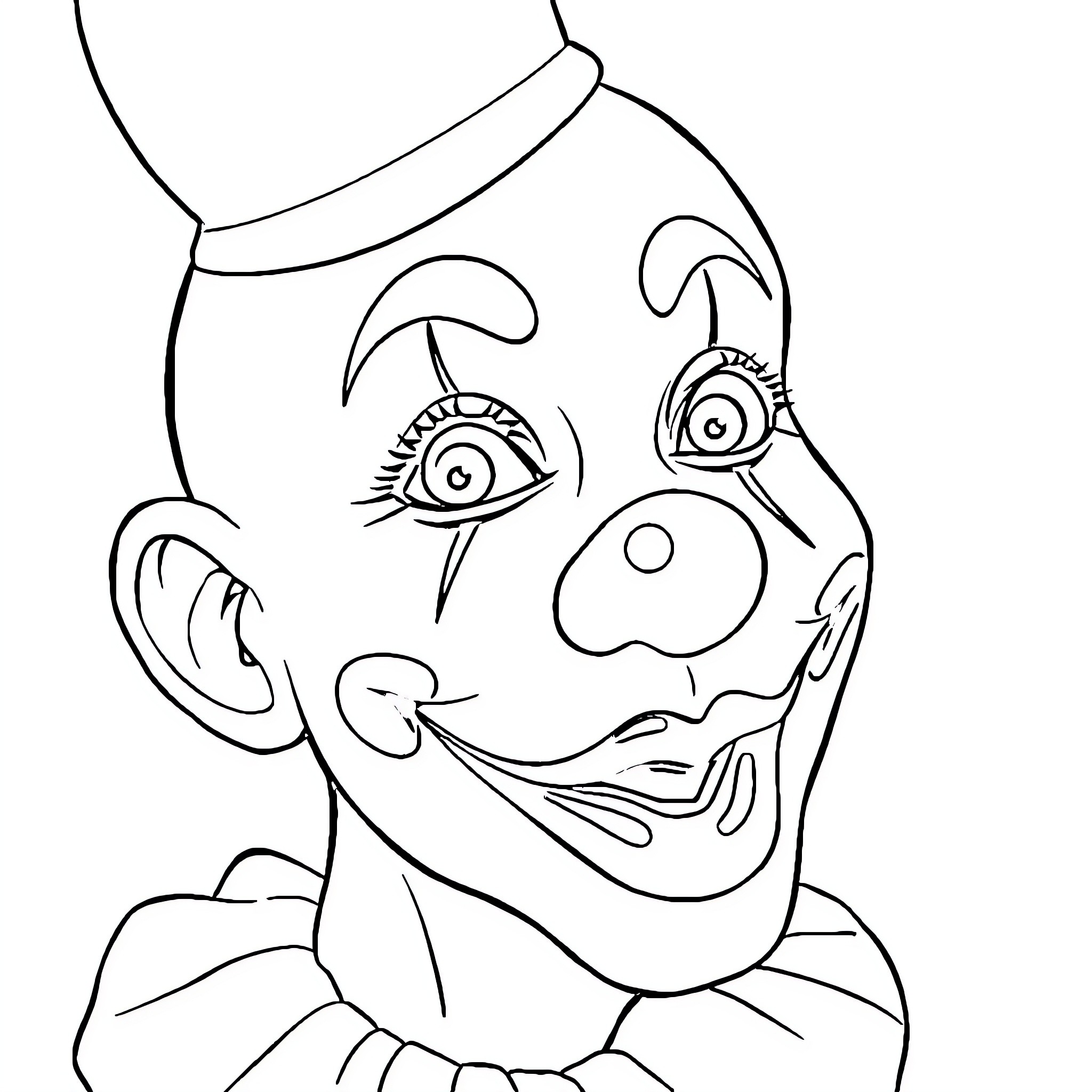 Clown with exaggerated facial features and expression Coloring Page (free black-and-white line drawing printable PDF for all, from beginners to advanced learners, including children, teens, adults, and seniors)