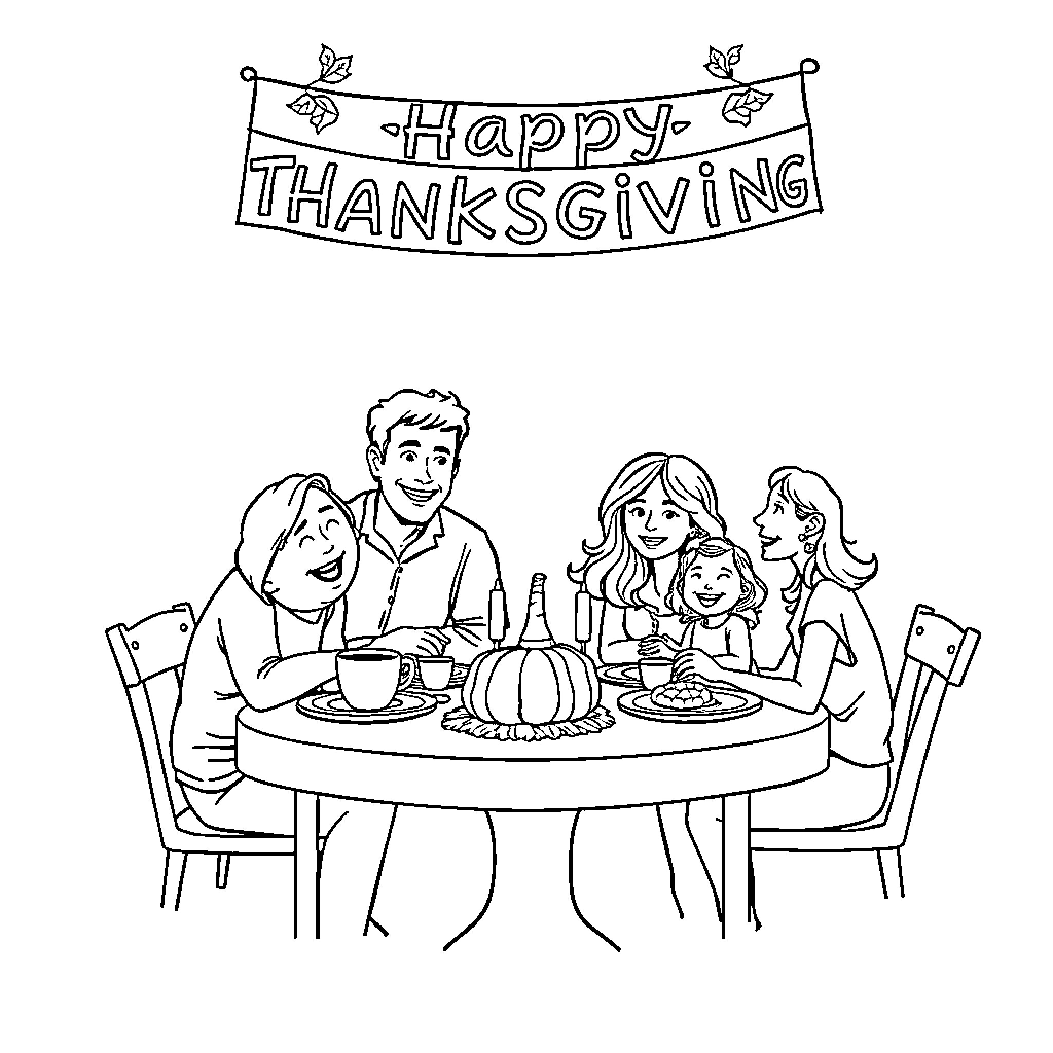 Family gathered for Happy Thanksgiving meal Coloring Page (free black-and-white line drawing printable PDF for all, from beginners to advanced learners, including children, teens, adults, and seniors)