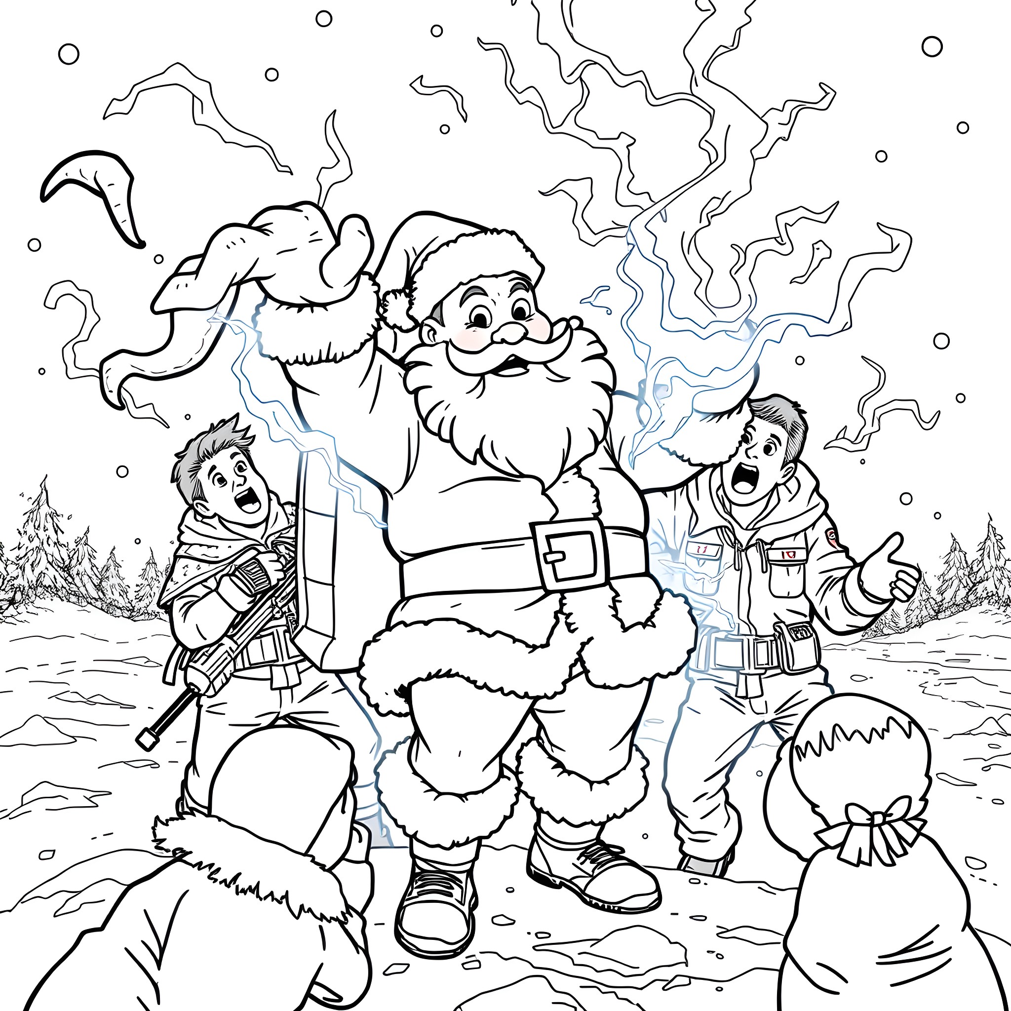 Ghostbusters battle supernatural forces in the winter wonderland Coloring Page (free black-and-white line drawing printable PDF for all, from beginners to advanced learners, including children, teens, adults, and seniors)