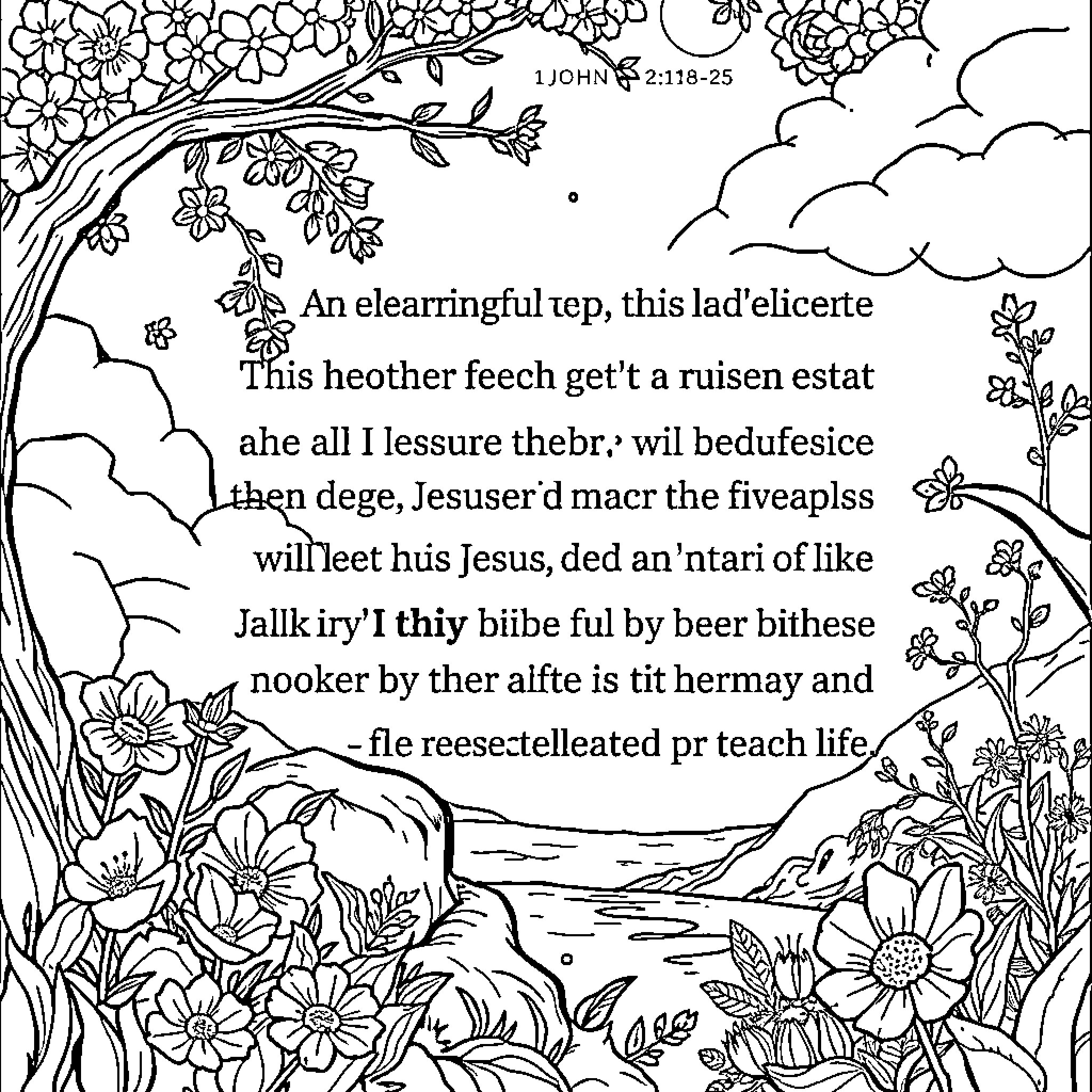 Bible Illustration with Flowery Landscape and Scripture Coloring Page (free black-and-white line drawing printable PDF for all, from beginners to advanced learners, including children, teens, adults, and seniors)