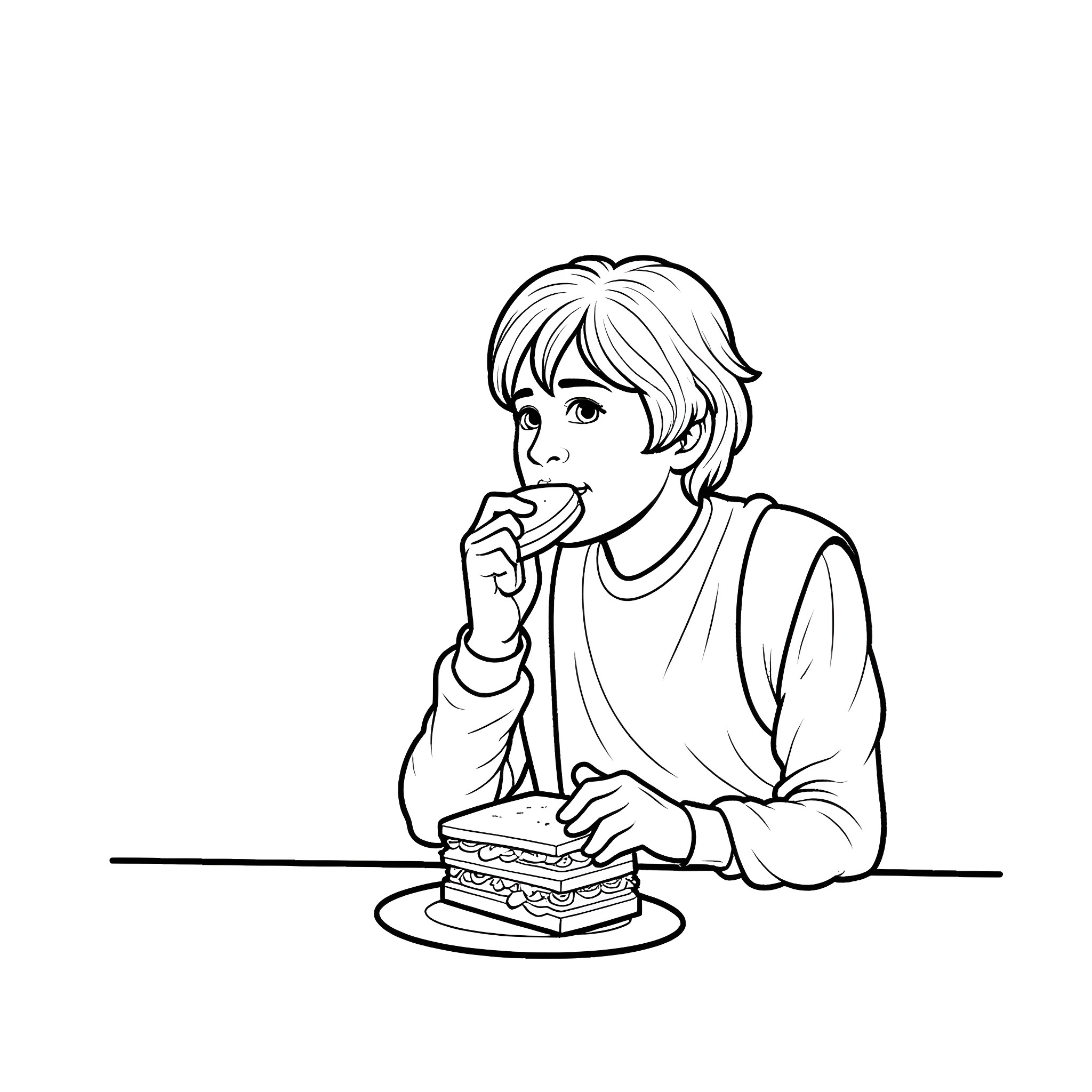 Luke Skywalker enjoying a simple dessert Coloring Page (free black-and-white line drawing printable PDF for all, from beginners to advanced learners, including children, teens, adults, and seniors)