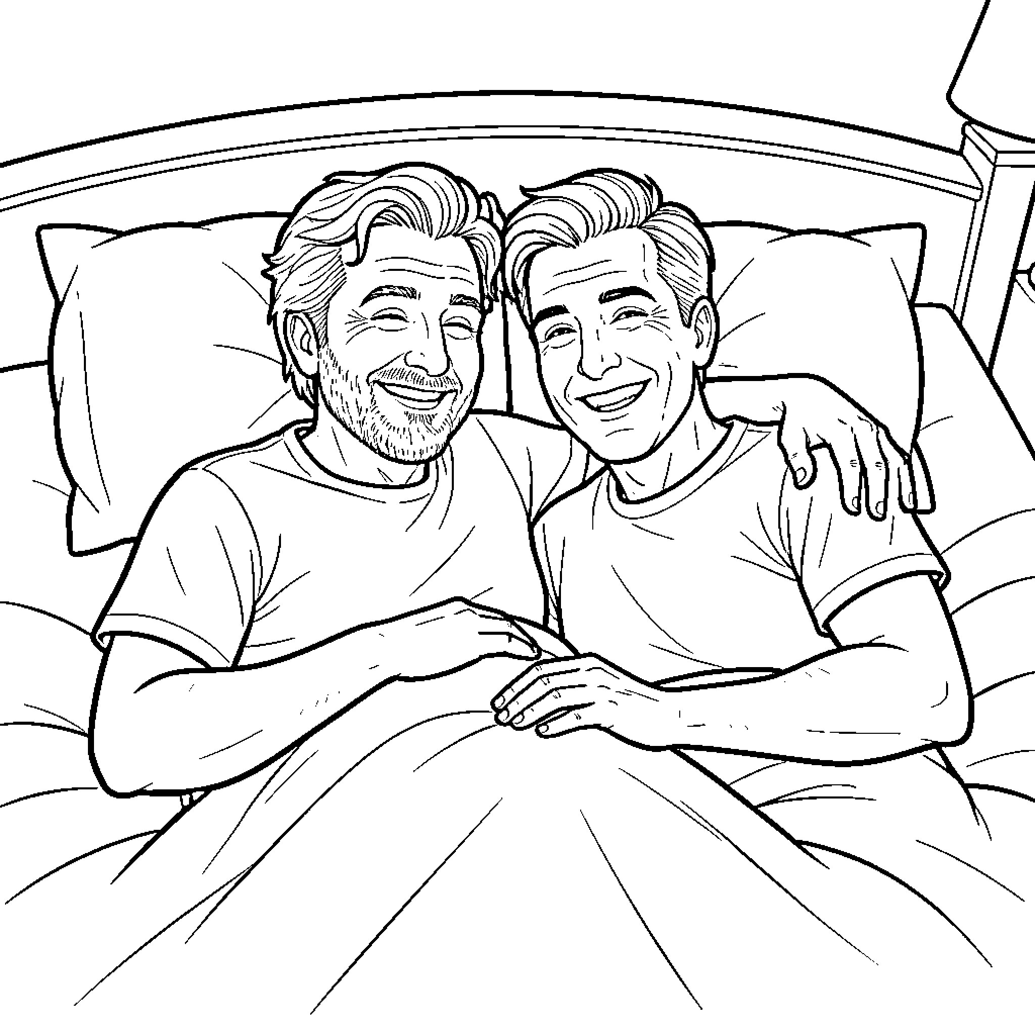 David Broncano's Cozy Conversation with a Friend Coloring Page (free black-and-white line drawing printable PDF for all, from beginners to advanced learners, including children, teens, adults, and seniors)