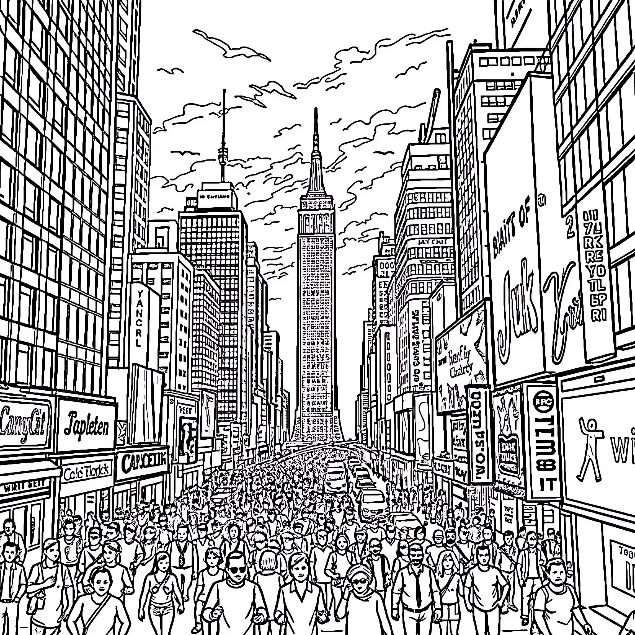 New York City street scene with busy crowds and tall buildings Coloring Page (free black-and-white line drawing printable PDF for all, from beginners to advanced learners, including children, teens, adults, and seniors)