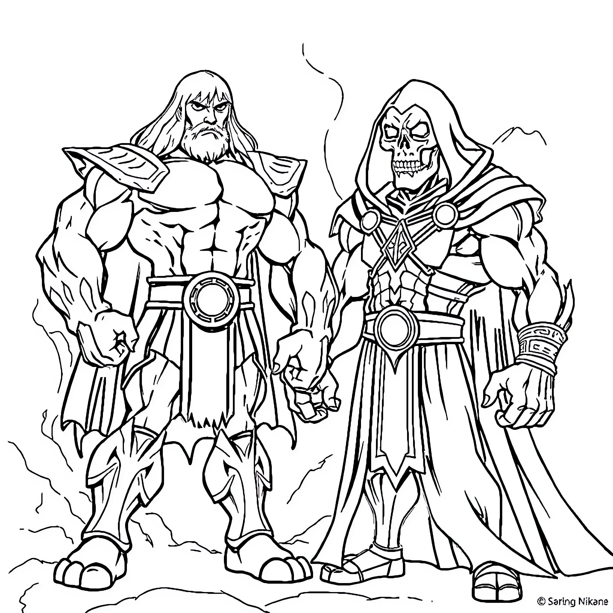 Musclor's Might and Mystic Menace Coloring Page (free black-and-white line drawing printable PDF for all, from beginners to advanced learners, including children, teens, adults, and seniors)