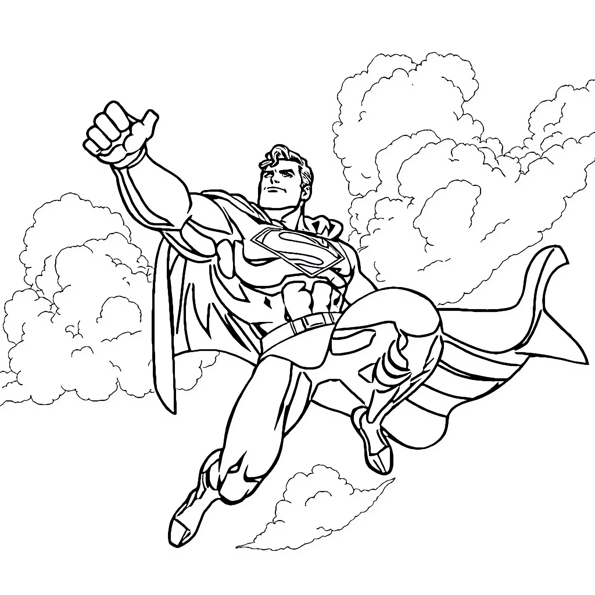 Superman soaring through the clouds with power Coloring Page (free black-and-white line drawing printable PDF for all, from beginners to advanced learners, including children, teens, adults, and seniors)
