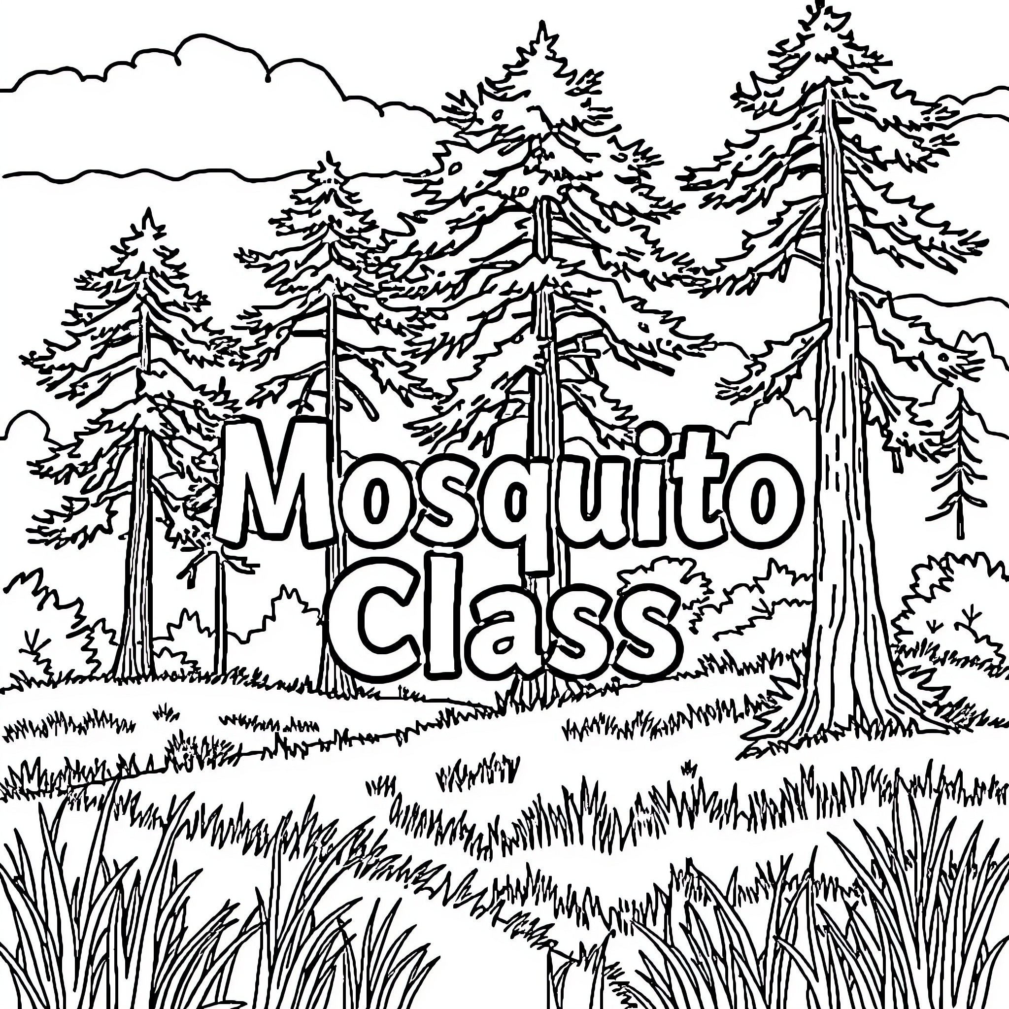 Mosquito Class in the Forested Wilderness Coloring Page (free black-and-white line drawing printable PDF for all, from beginners to advanced learners, including children, teens, adults, and seniors)