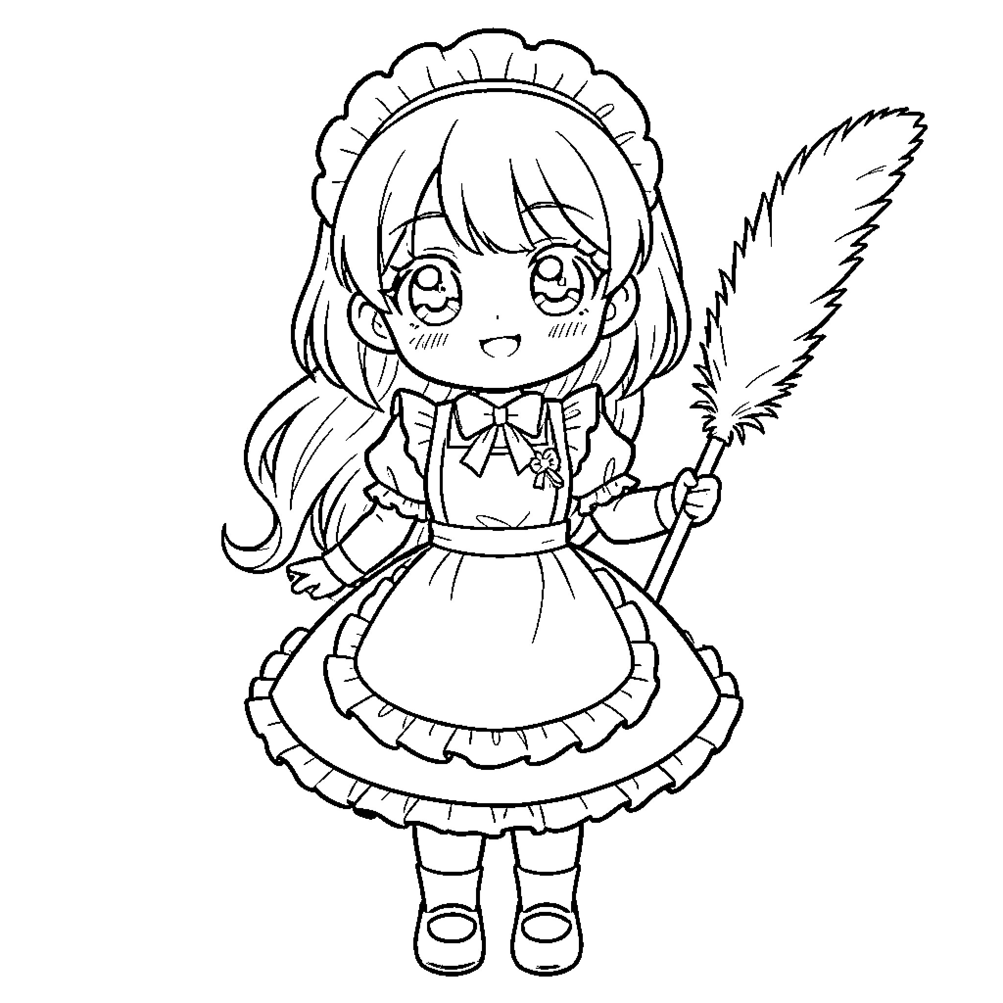 Anime Character smiling joyfully with feathery pen Coloring Page (free black-and-white line drawing printable PDF for all, from beginners to advanced learners, including children, teens, adults, and seniors)