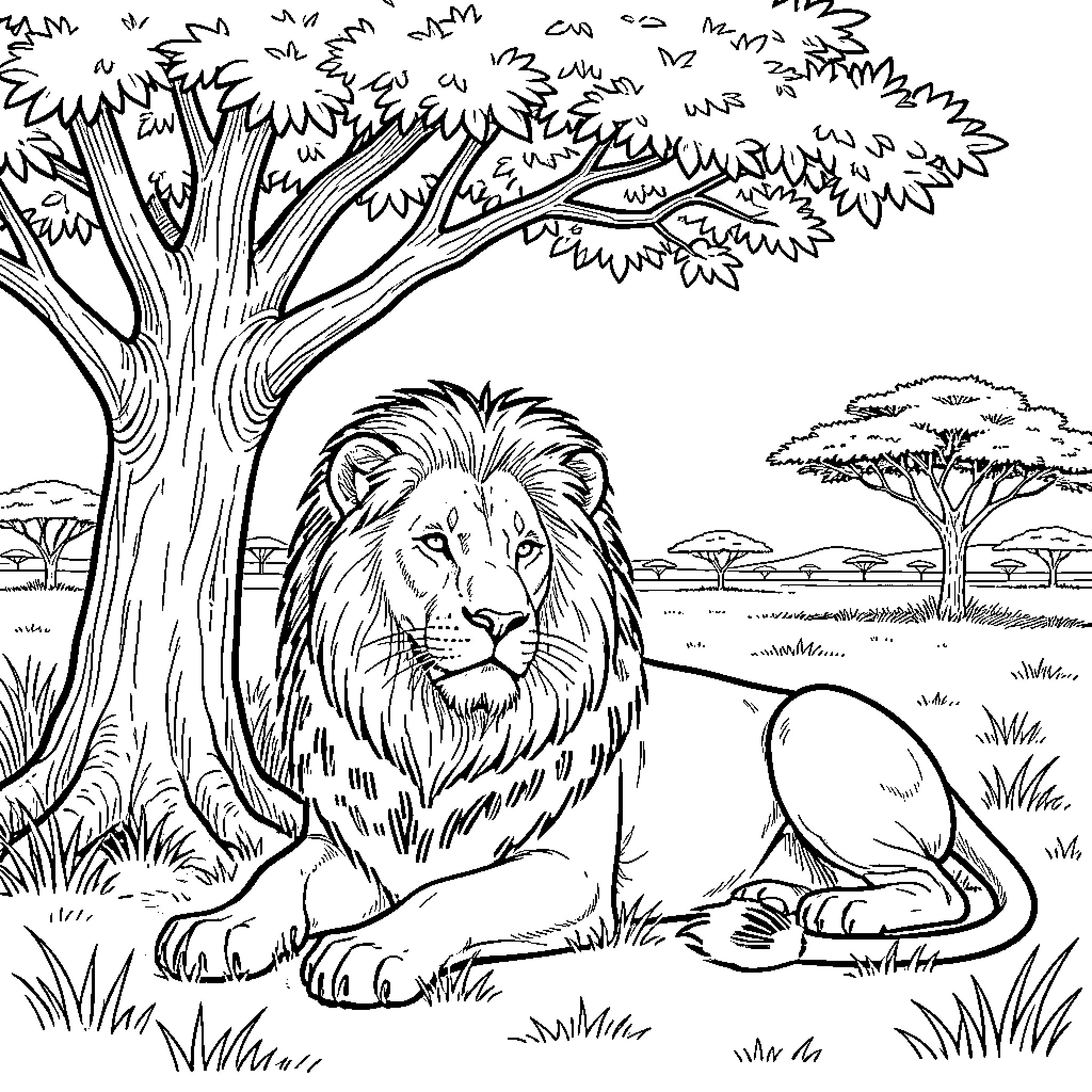 Lion resting peacefully in the serene African landscape Coloring Page (free black-and-white line drawing printable PDF for all, from beginners to advanced learners, including children, teens, adults, and seniors)