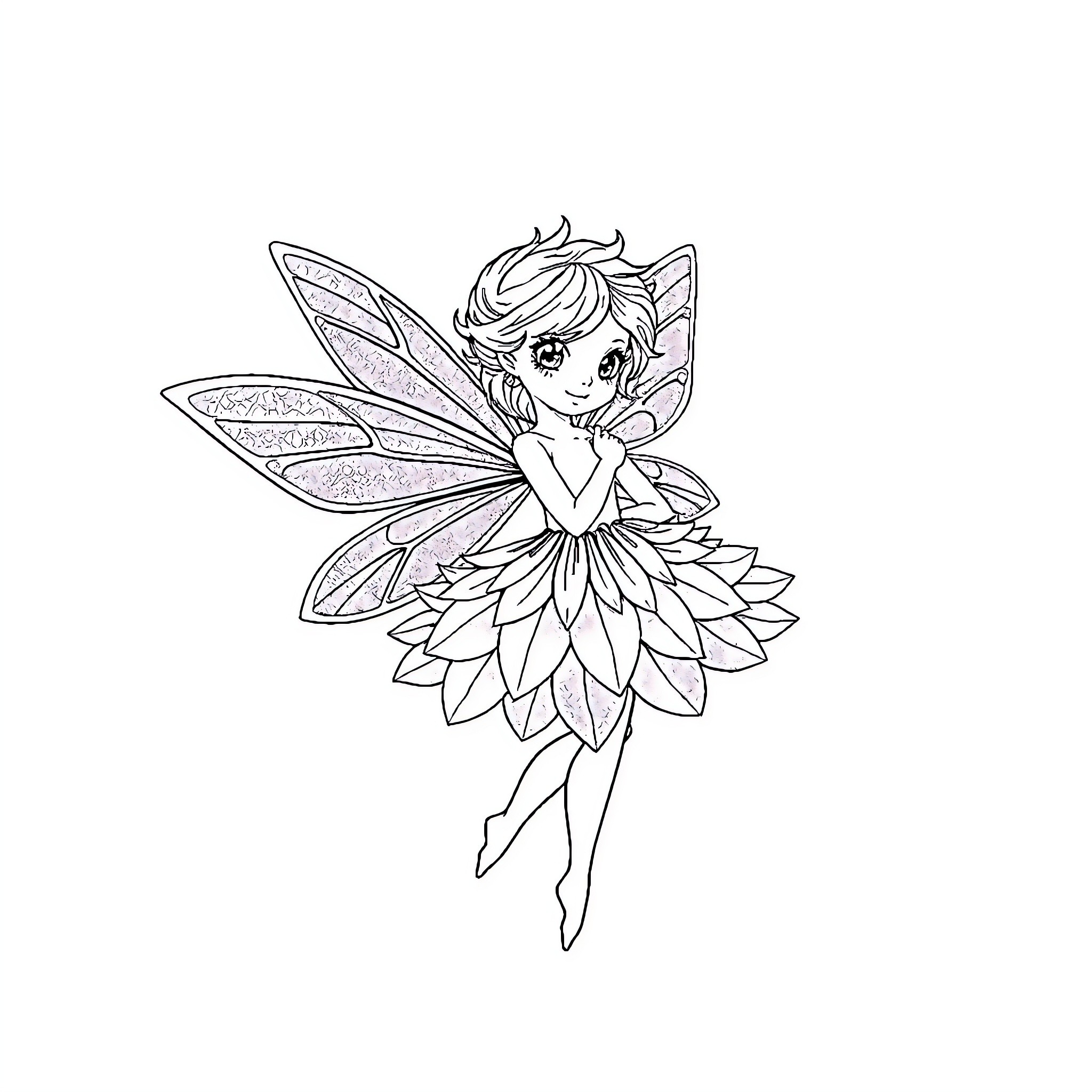 Fairy girl in elegant dress with flower wings Coloring Page (free black-and-white line drawing printable PDF for all, from beginners to advanced learners, including children, teens, adults, and seniors)
