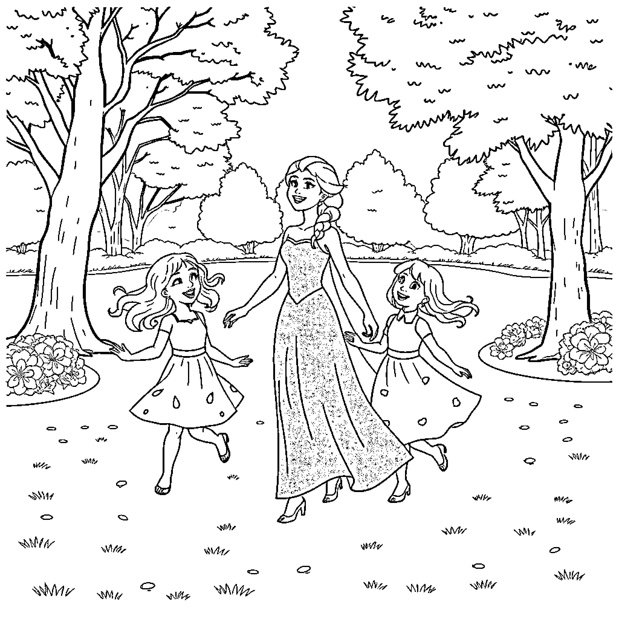 Elsa and her sisters playing in the enchanted forest Coloring Page (free black-and-white line drawing printable PDF for all, from beginners to advanced learners, including children, teens, adults, and seniors)