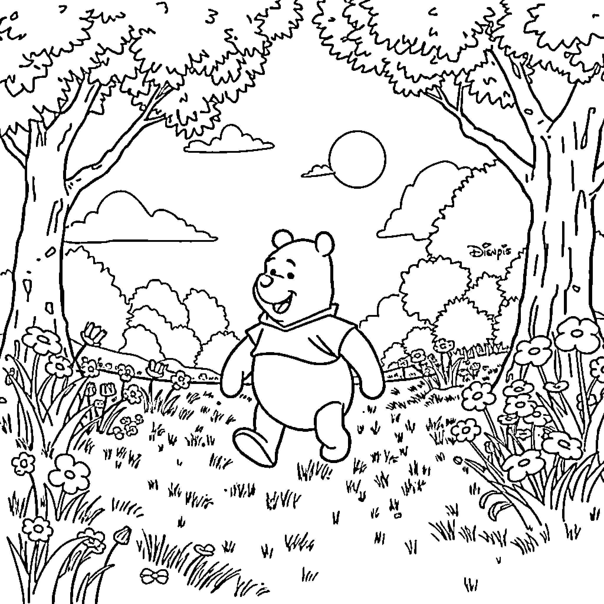 Pooh Bear enjoying a peaceful nature scene Coloring Page (free black-and-white line drawing printable PDF for all, from beginners to advanced learners, including children, teens, adults, and seniors)