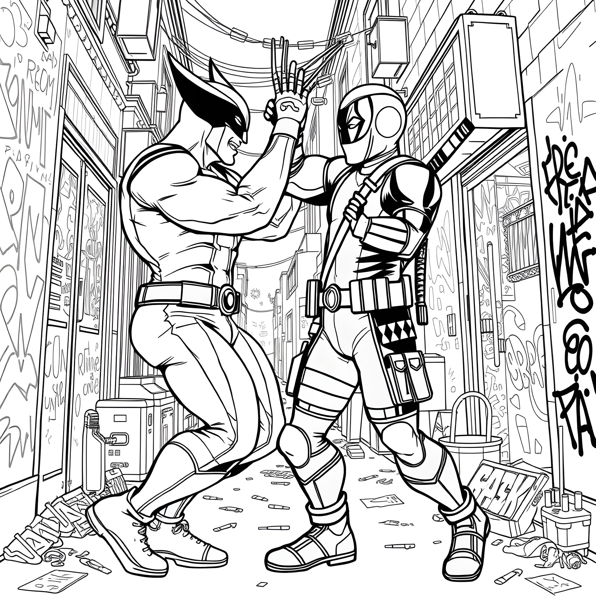 Wolverine and Deadpool fighting in an alley Coloring Page (free black-and-white line drawing printable PDF for all, from beginners to advanced learners, including children, teens, adults, and seniors)