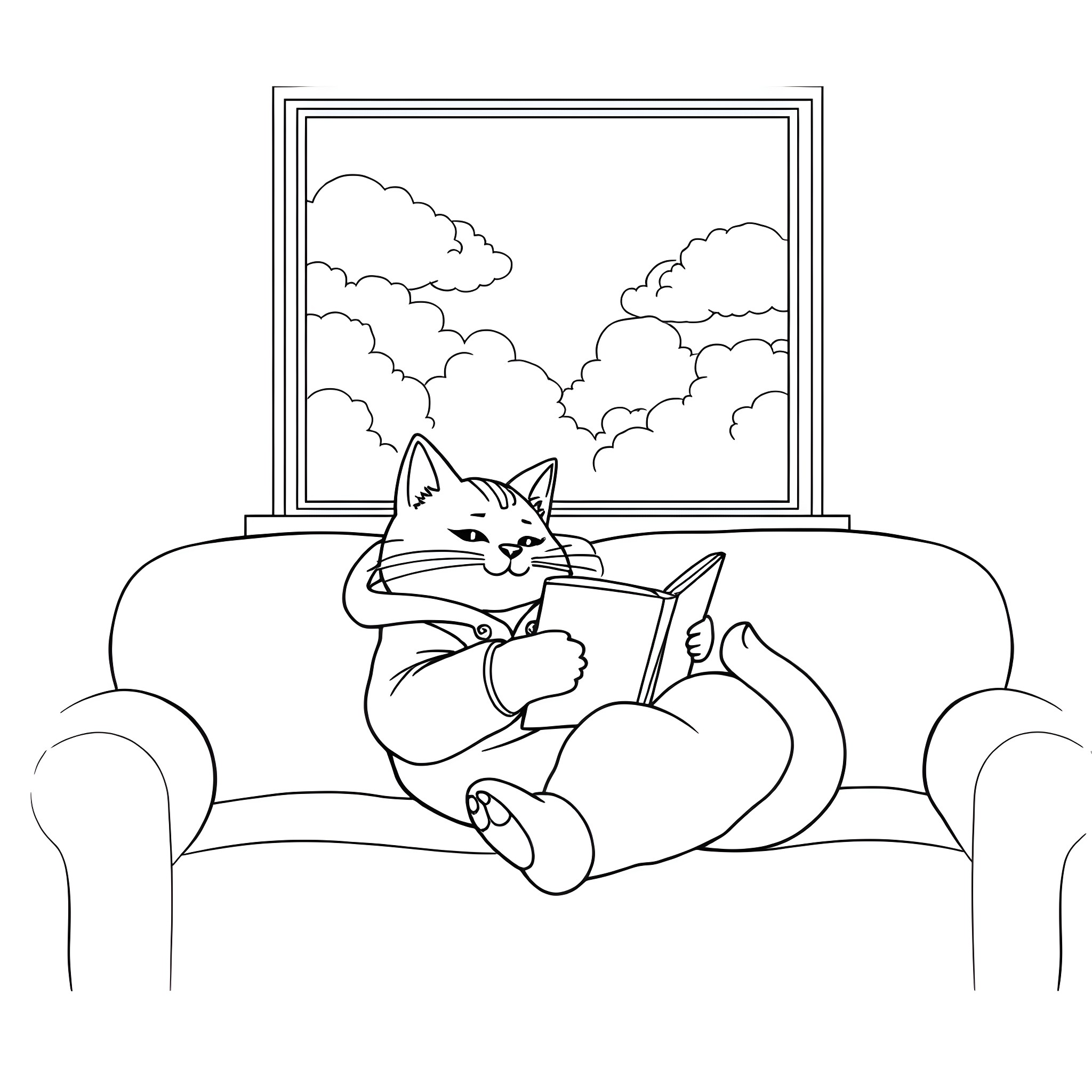 Cat reading book on couch by window Coloring Page (free black-and-white line drawing printable PDF for all, from beginners to advanced learners, including children, teens, adults, and seniors)